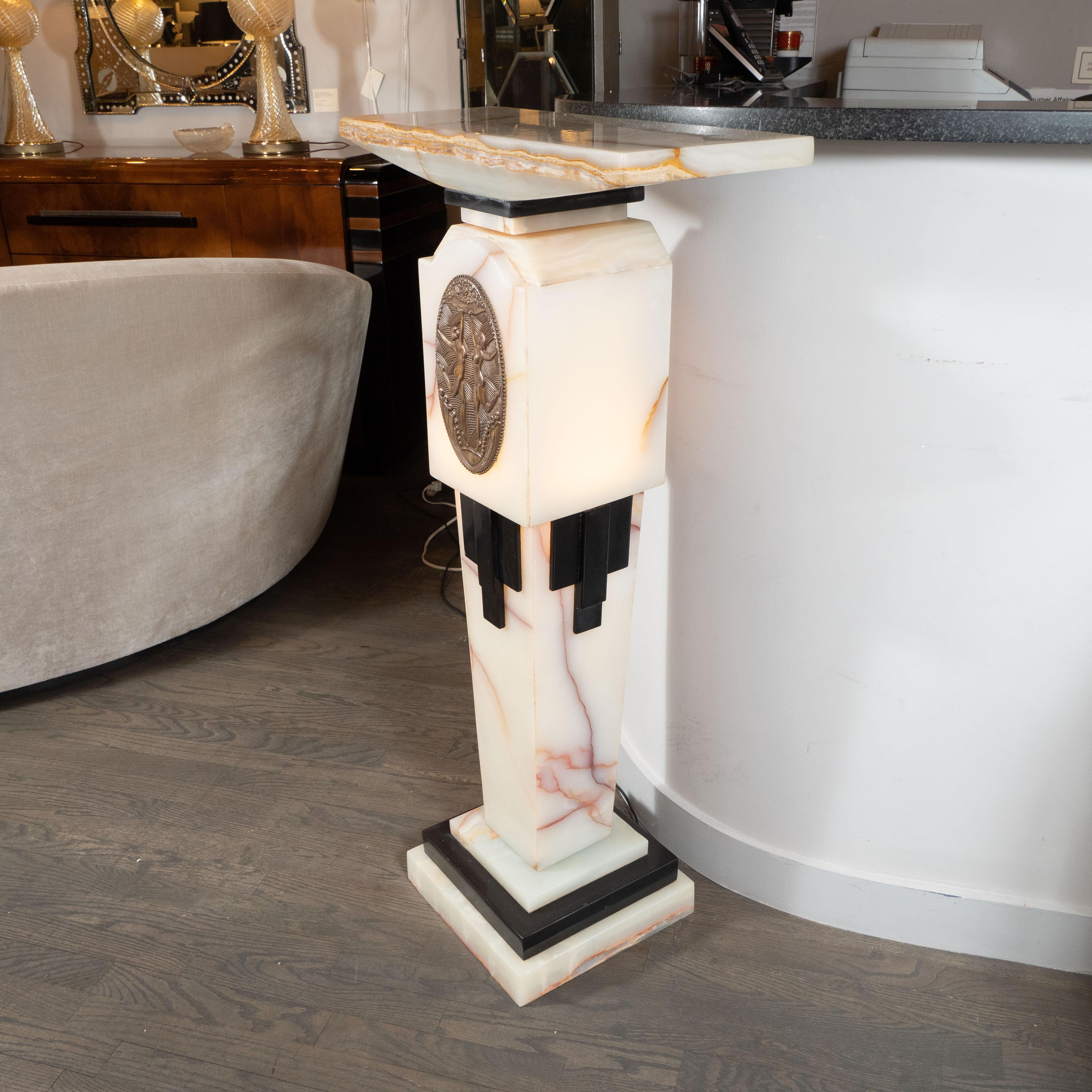 20th Century Art Deco Revival Skyscraper Chiparus Style Onyx and Bronze Illuminated Pedestal