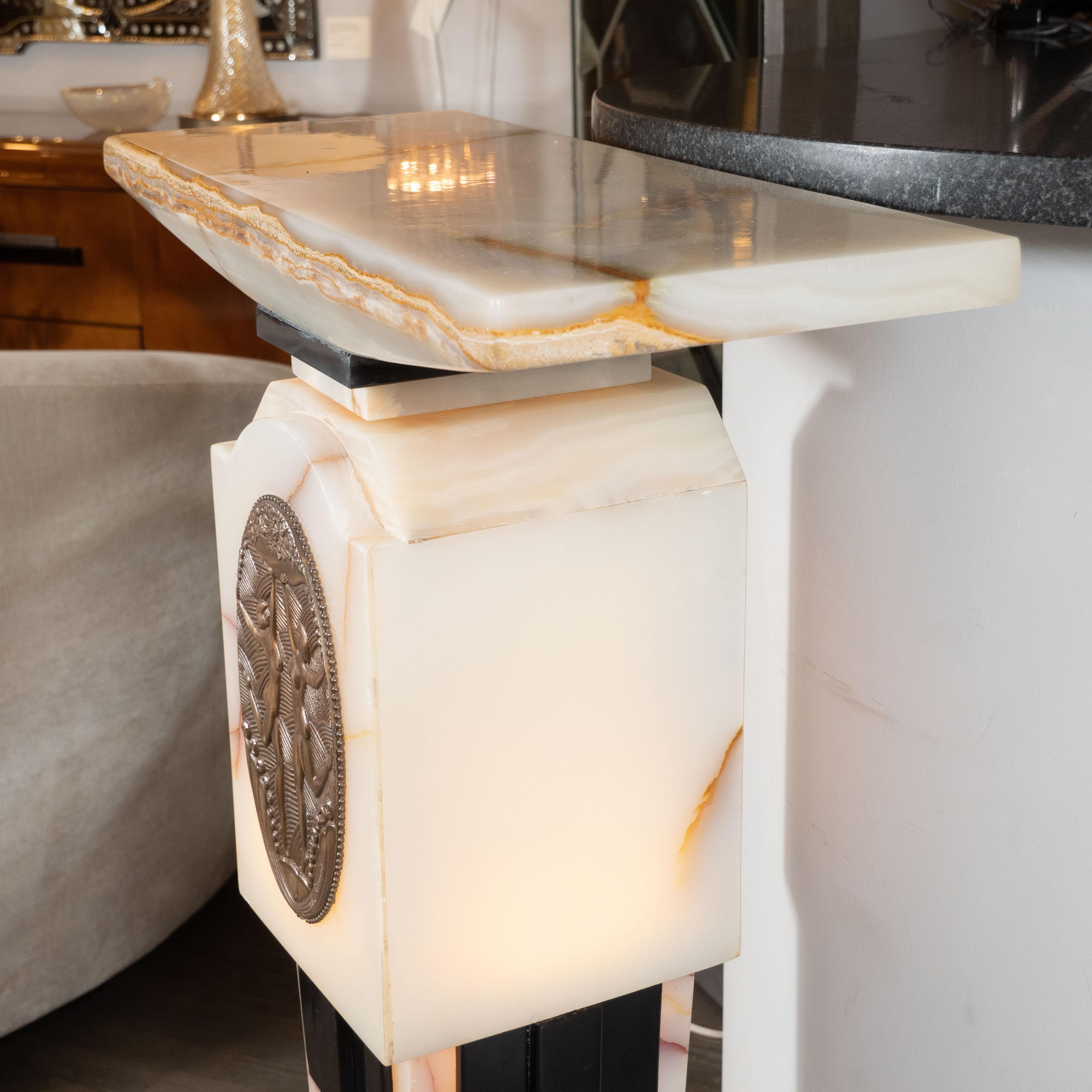 Art Deco Revival Skyscraper Chiparus Style Onyx and Bronze Illuminated Pedestal 1