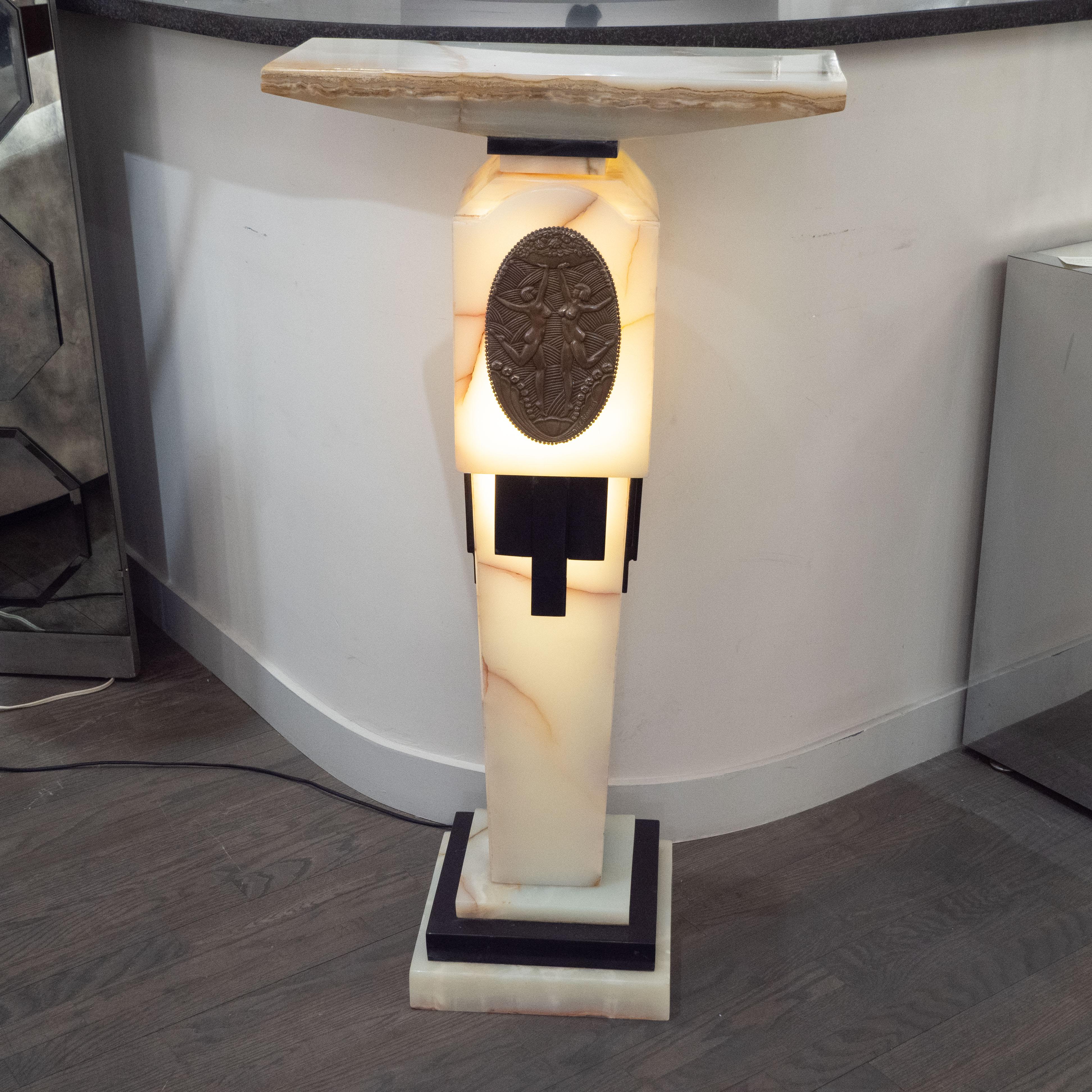 Art Deco Revival Skyscraper Chiparus Style Onyx and Bronze Illuminated Pedestal 3