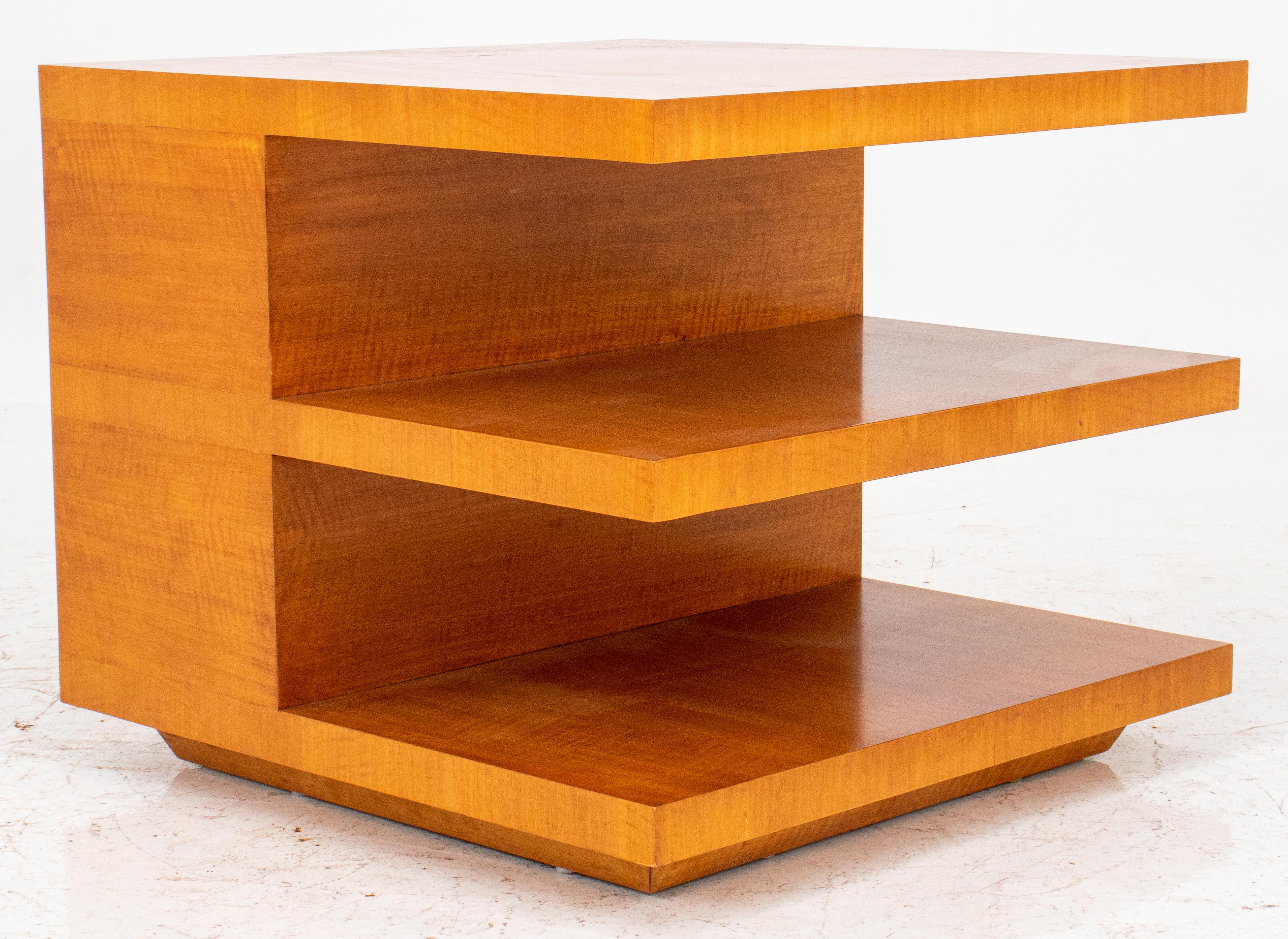 Art Deco Revival Square Birch bookcase table, the square top above three cantilevered shelves. 24