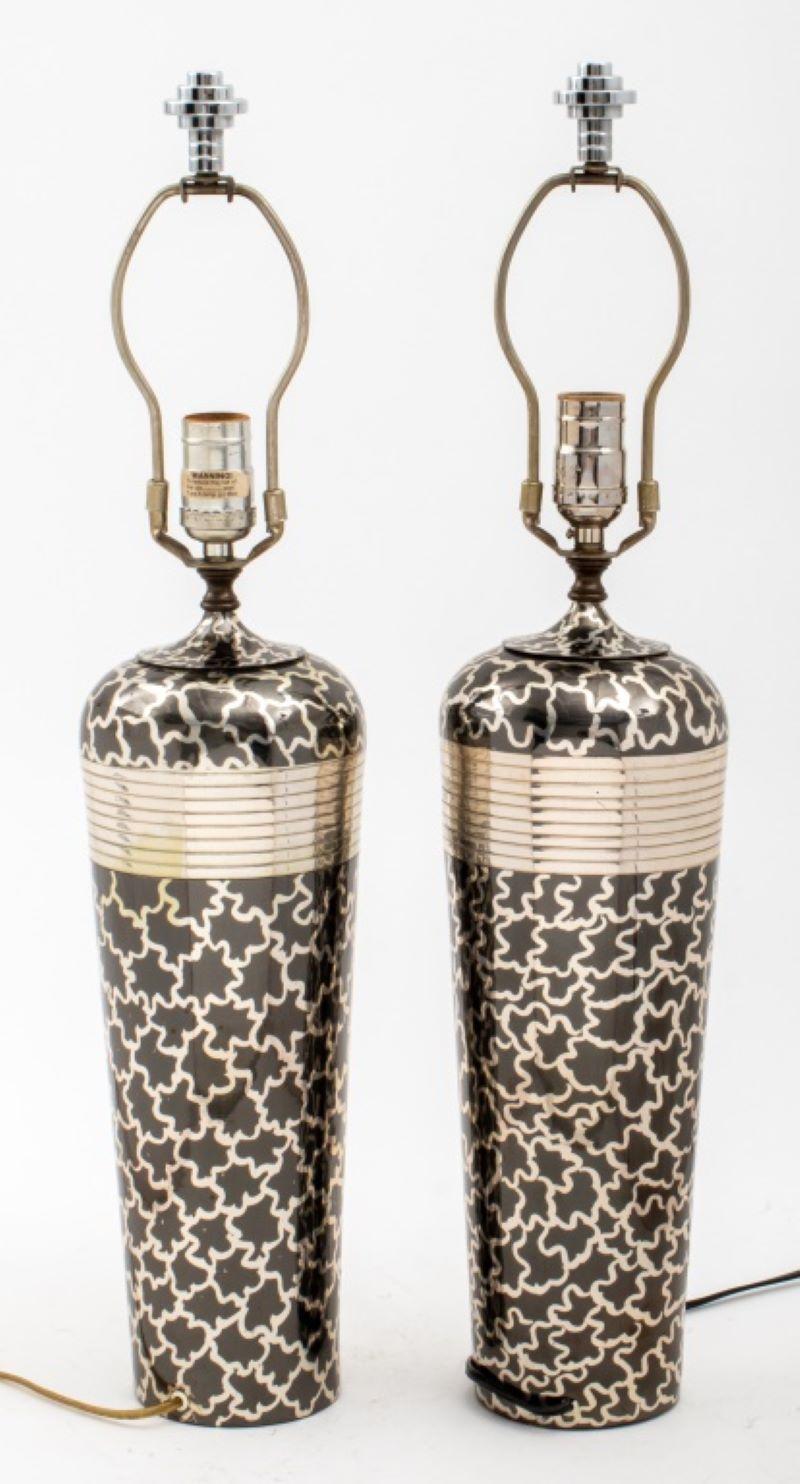 Pair of Art Deco Revival table lamps with enameled and chromed patterned baluster-form bases, topped by silver-tone metal tiered round finials. Measures: 25