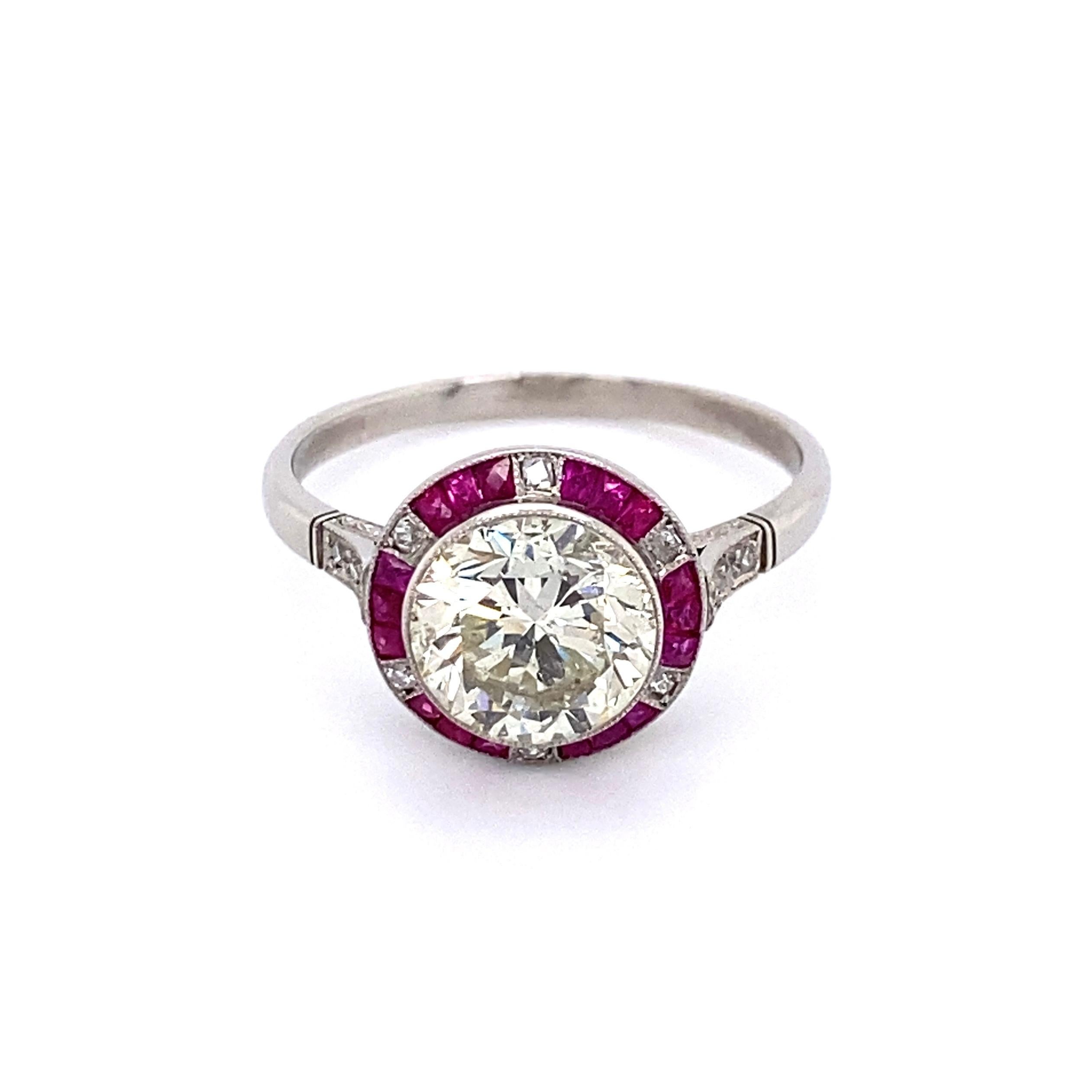 Mixed Cut 2.81 Carat Transitional Diamond Ruby and Diamond Surround Vintage Platinum Ring For Sale