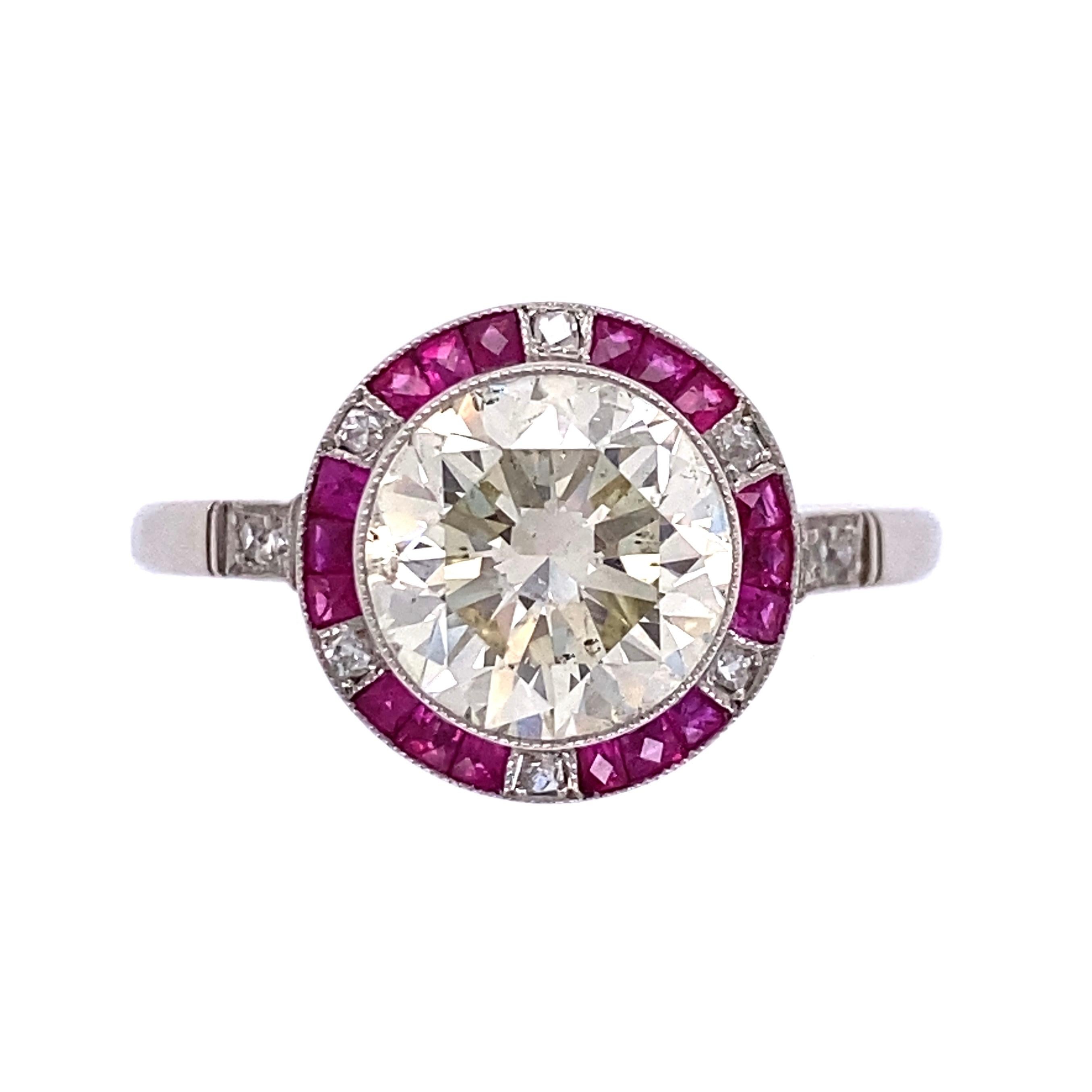 Women's 2.81 Carat Transitional Diamond Ruby and Diamond Surround Vintage Platinum Ring For Sale