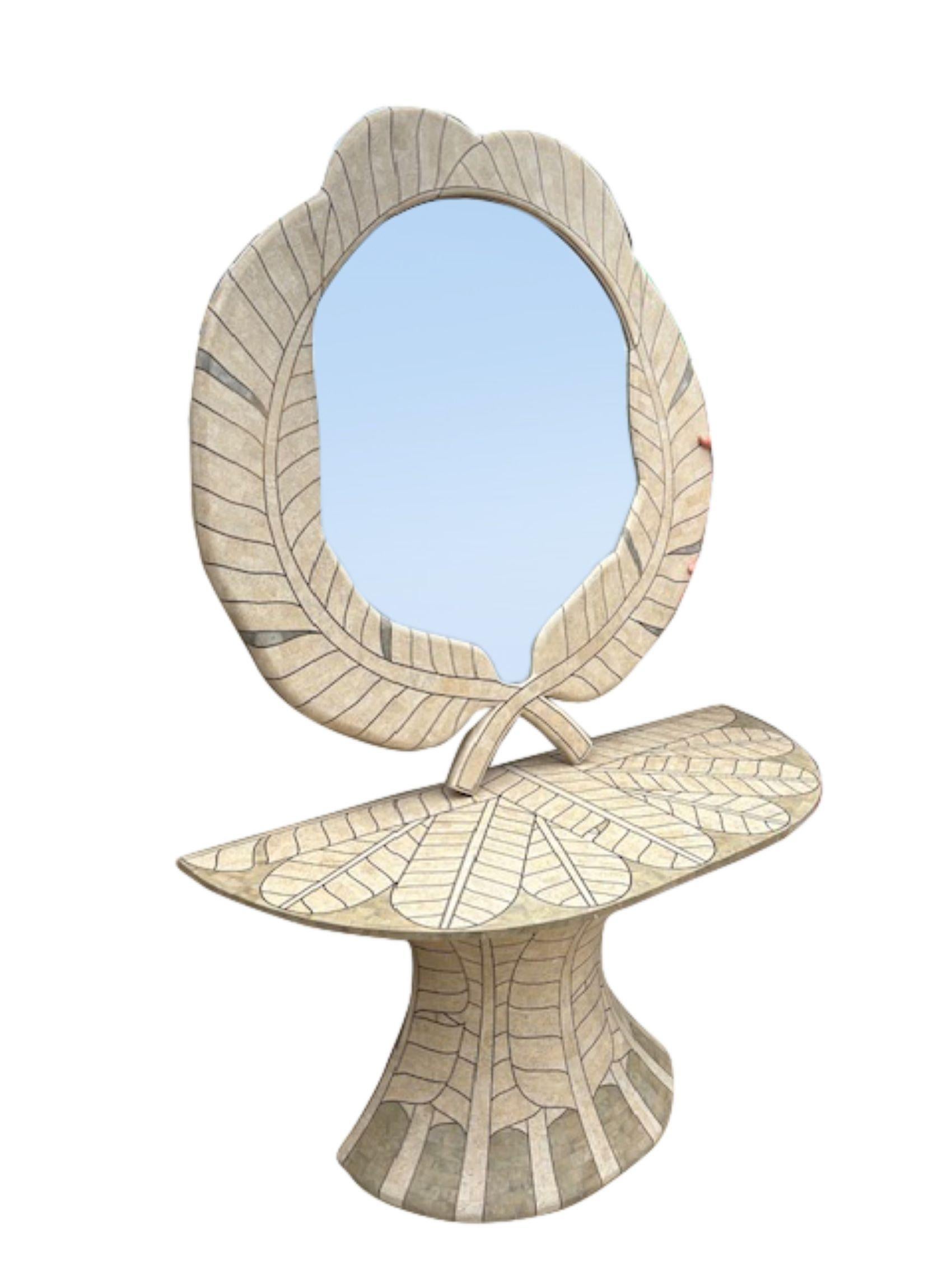 Art Deco Revival Travertine Mirror & Console Table Set, Att. Maitland Smith '80s