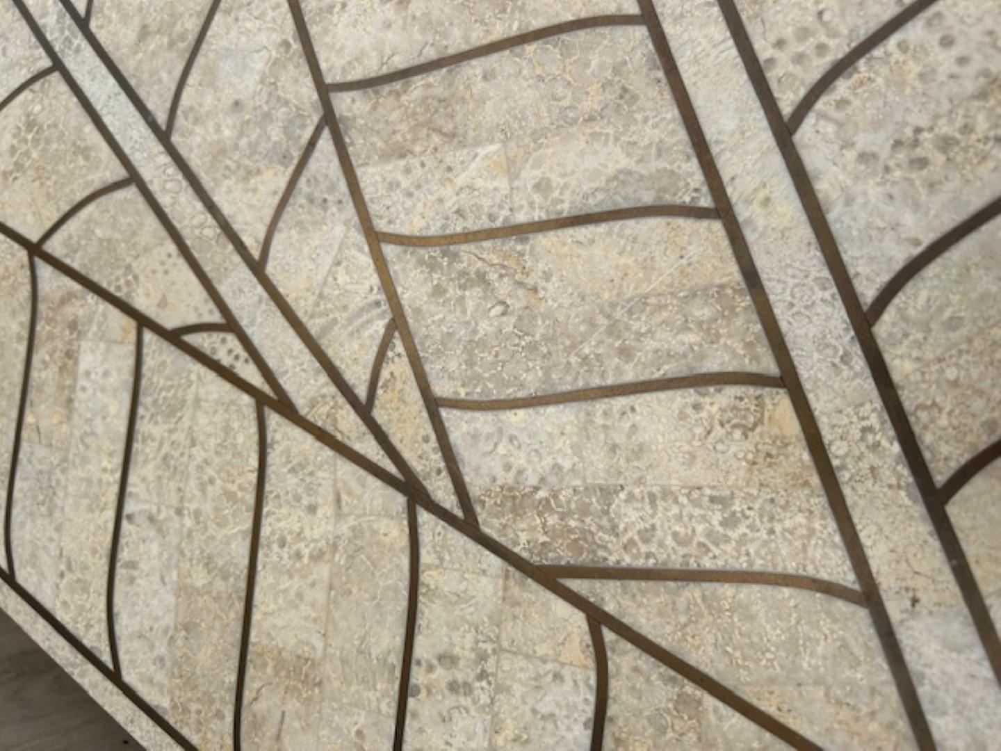 Art Deco Revival Travertine Mirror & Console Table Set, Att. Maitland Smith '80s For Sale 12