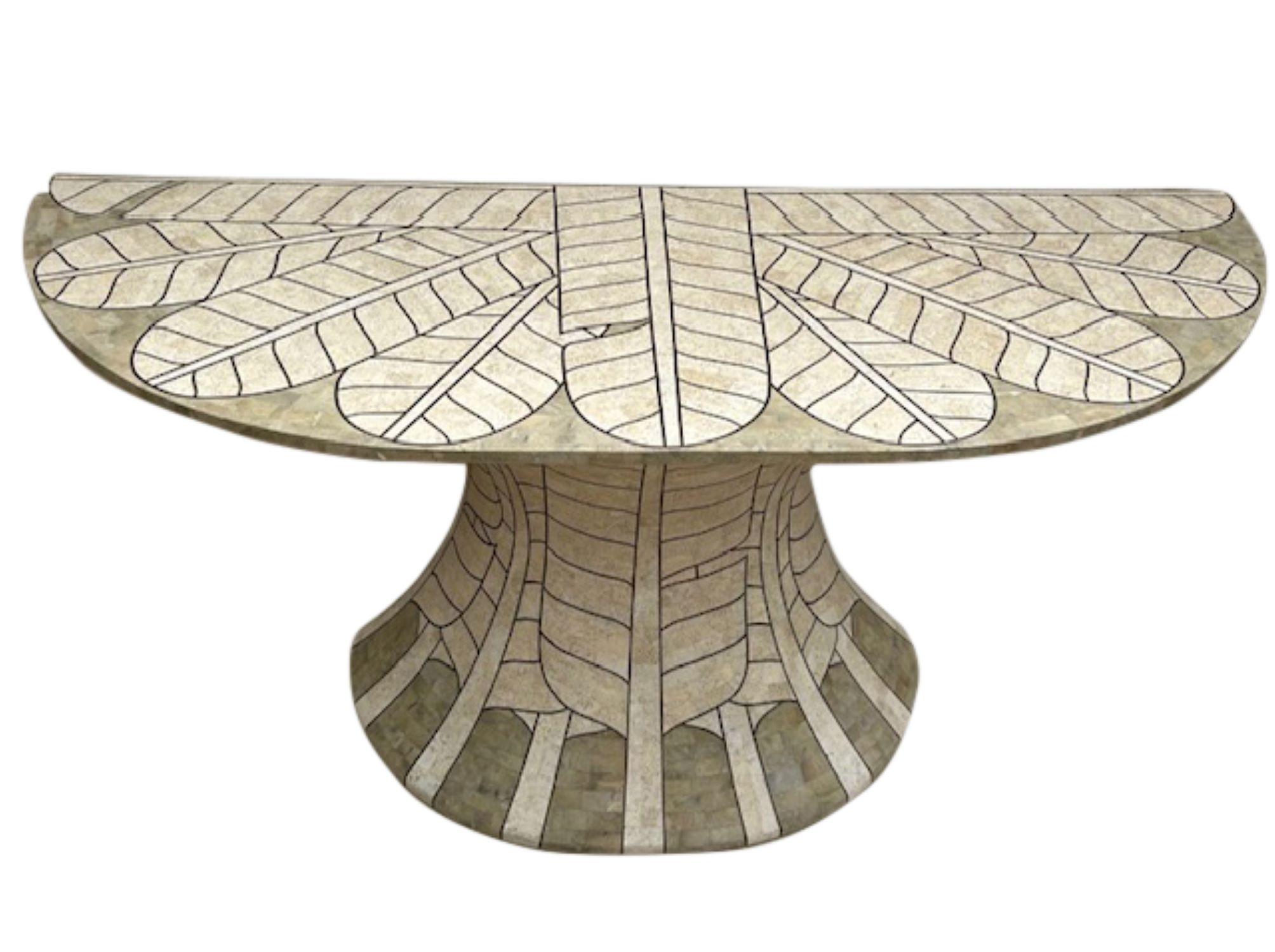 Hand-Crafted Art Deco Revival Travertine Mirror & Console Table Set, Att. Maitland Smith '80s For Sale