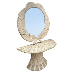 Art Deco Revival Travertine Mirror & Console Table Set, Att. Maitland Smith '80s