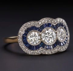 Art Deco Style Trilogy Diamond Blue Sapphire 2 Carat Gold  Ring