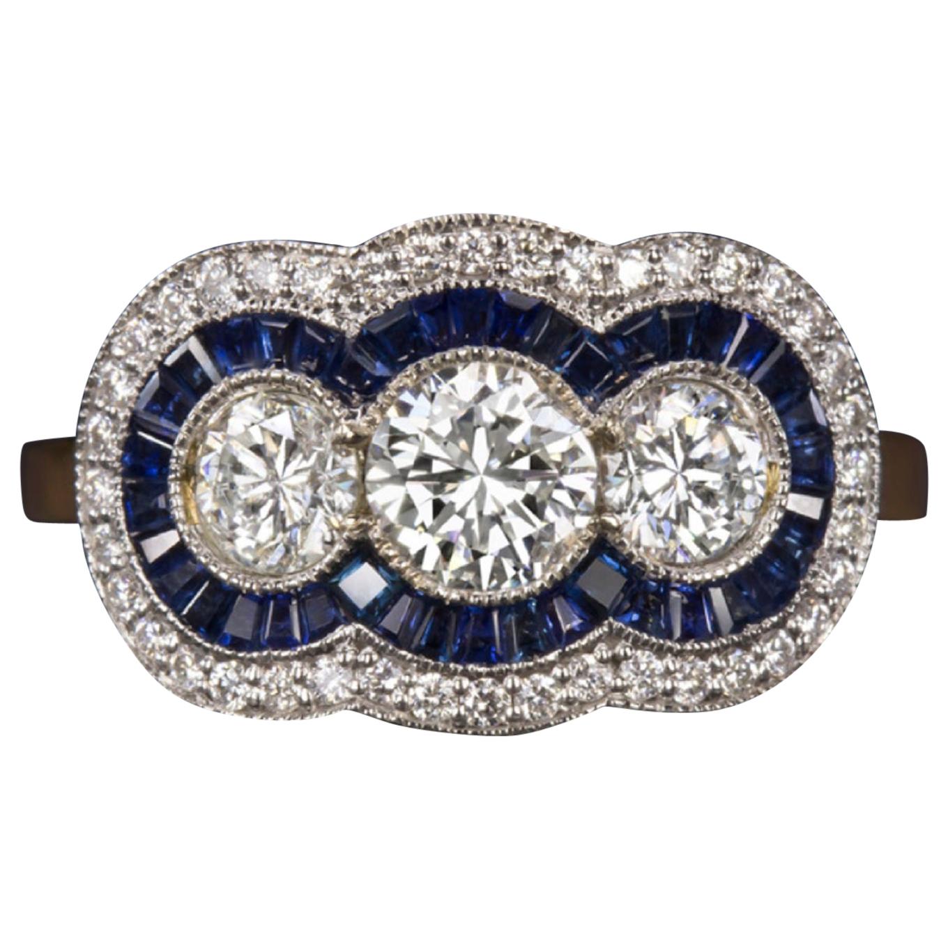 Art Deco Style Trilogy Diamond Blue Sapphire 2 Carat Gold  Ring