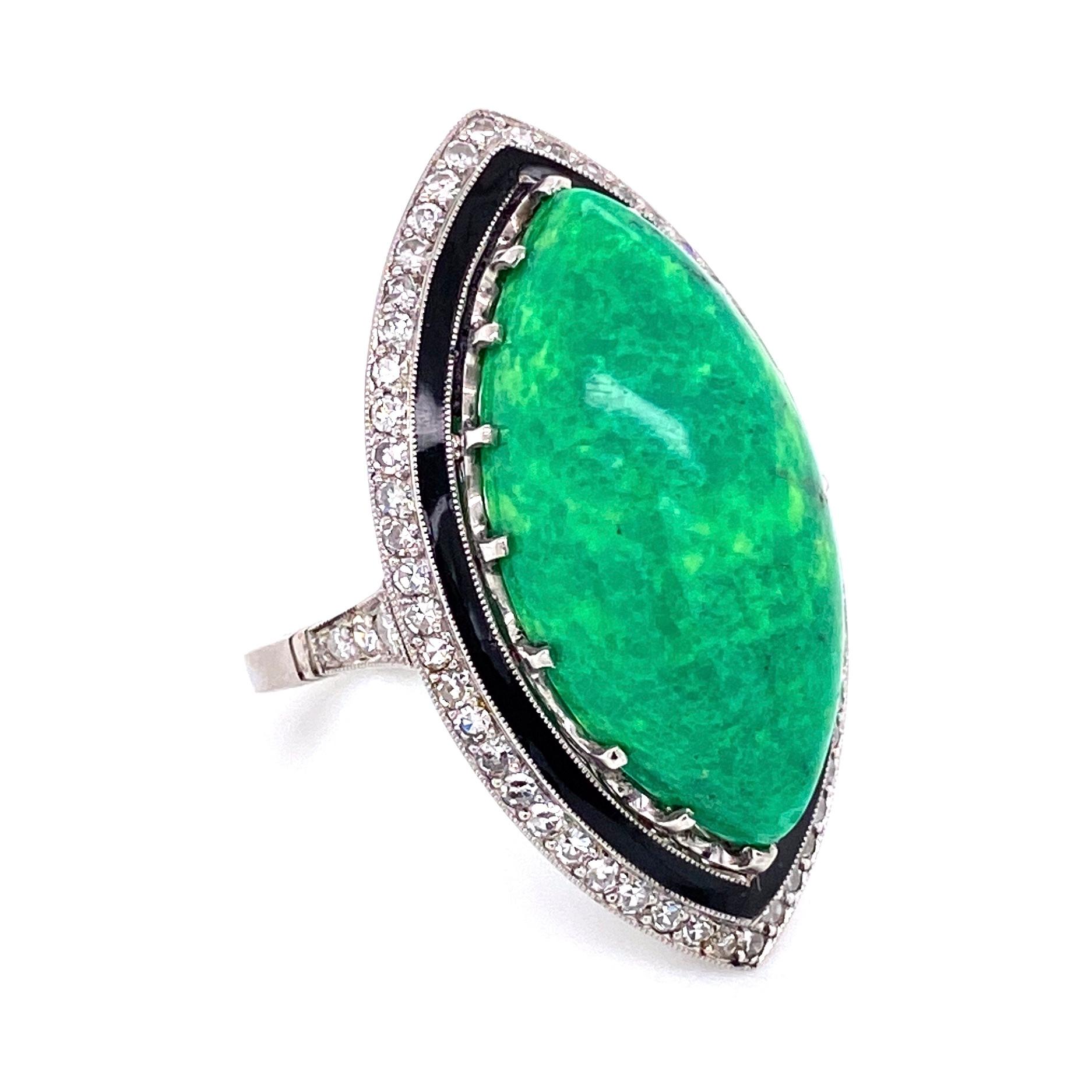 Simply Beautiful finely detailed Art Deco Revival Platinum Cocktail Ring, center securely nestled in 16 Platinum prongs with a Marquis shaped Kelly Green Turquoise with wonderful matrix, surrounded by black Enamel and old European cut Diamonds and