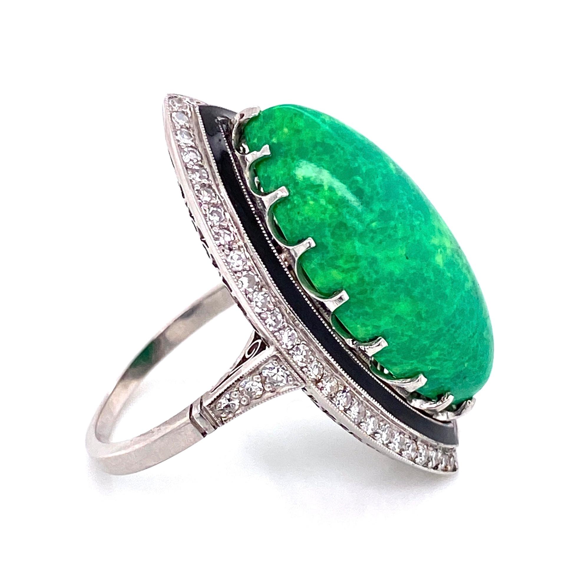 Turquoise Enamel and Diamond Art Deco Revival Platinum Ring Estate Fine Jewelry For Sale 1