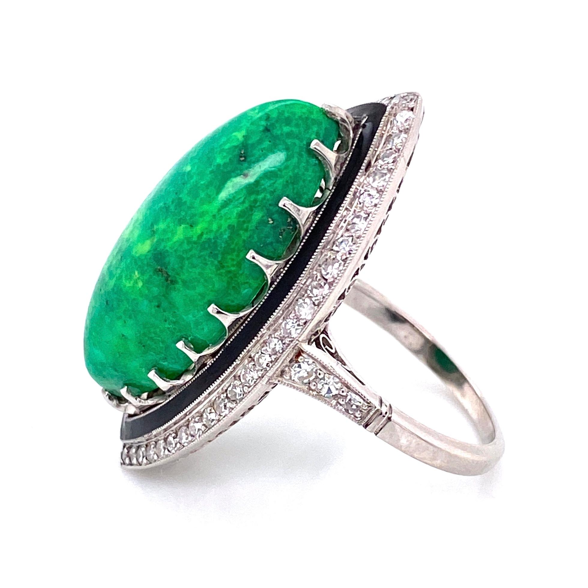 Turquoise Enamel and Diamond Art Deco Revival Platinum Ring Estate Fine Jewelry For Sale 3