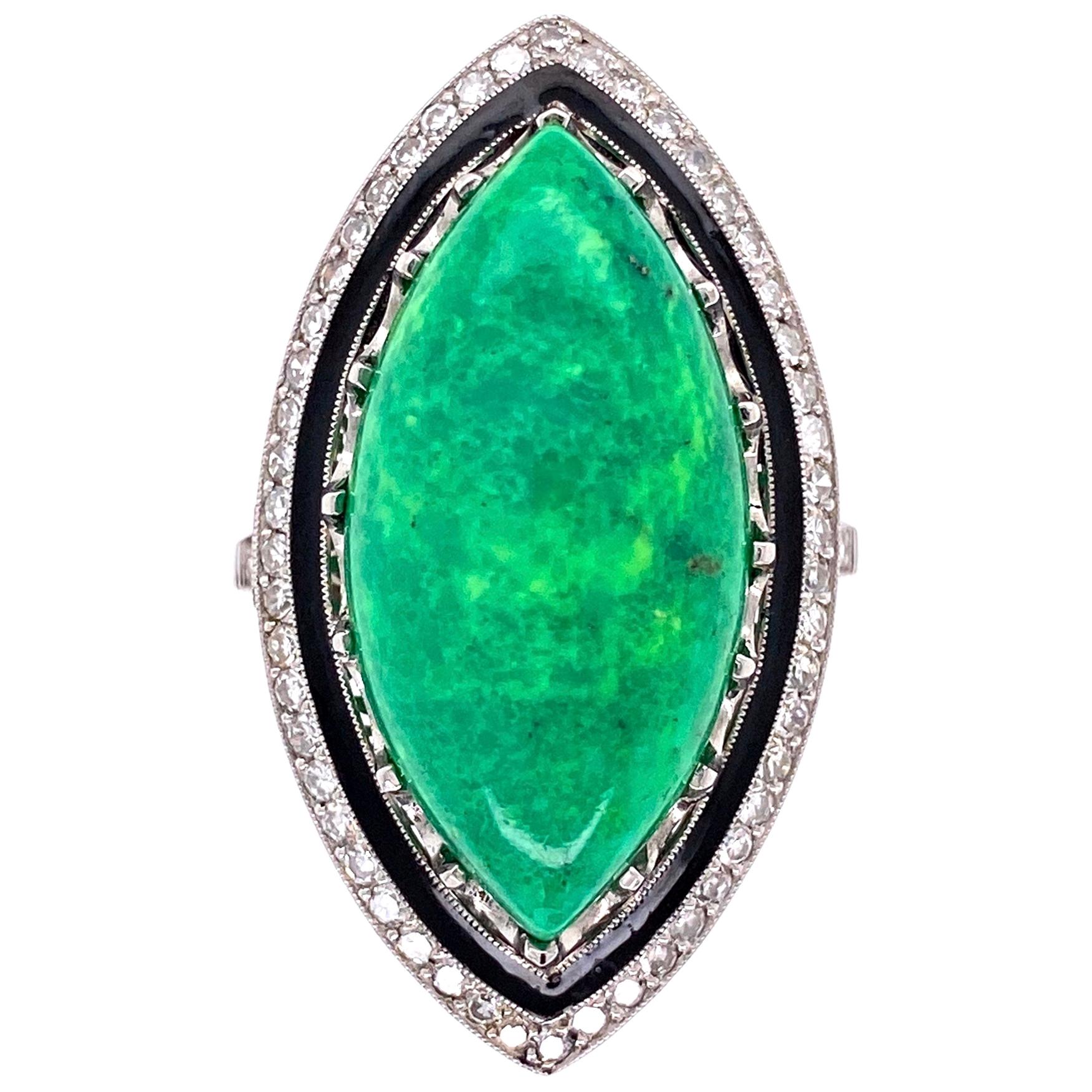 Turquoise Enamel and Diamond Art Deco Revival Platinum Ring Estate Fine Jewelry