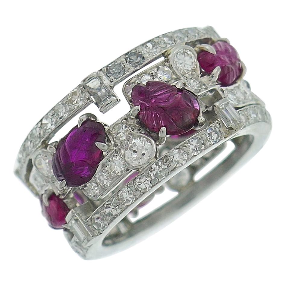 Art Deco Style Tutti-Frutti Band Ring Ruby Diamond Platinum