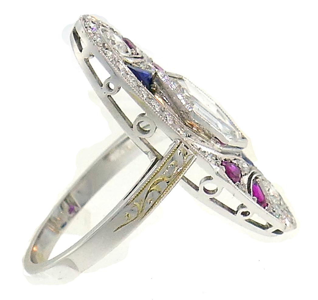 Mixed Cut Art Deco Style White Gold Ring Diamond Sapphire Ruby