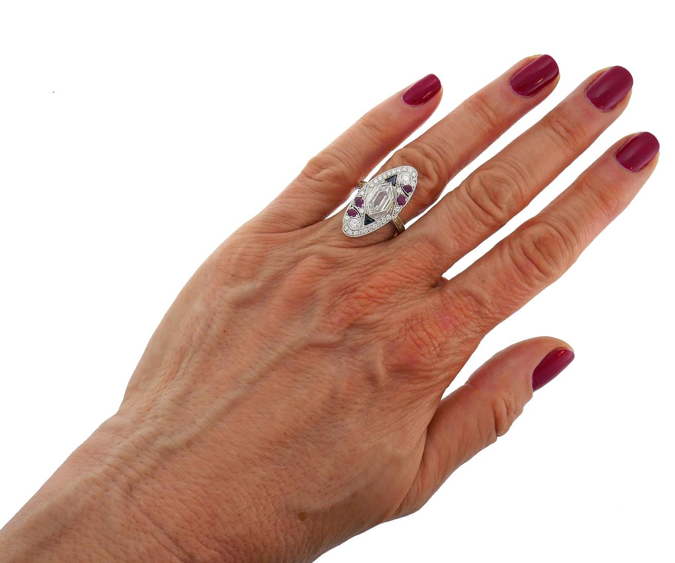 Women's Art Deco Style White Gold Ring Diamond Sapphire Ruby
