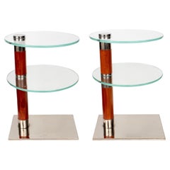 Art Deco Revival Wood & Chrome Side Tables, Pair