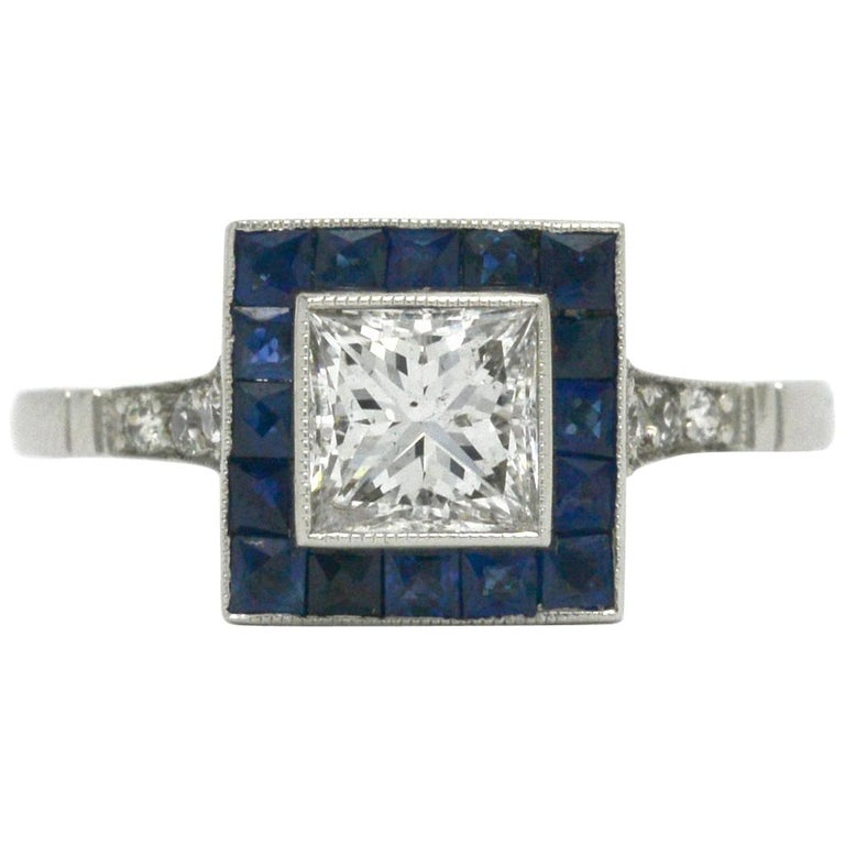 Art Deco Revivalist Princess Cut Diamond Engagement Ring French Cut