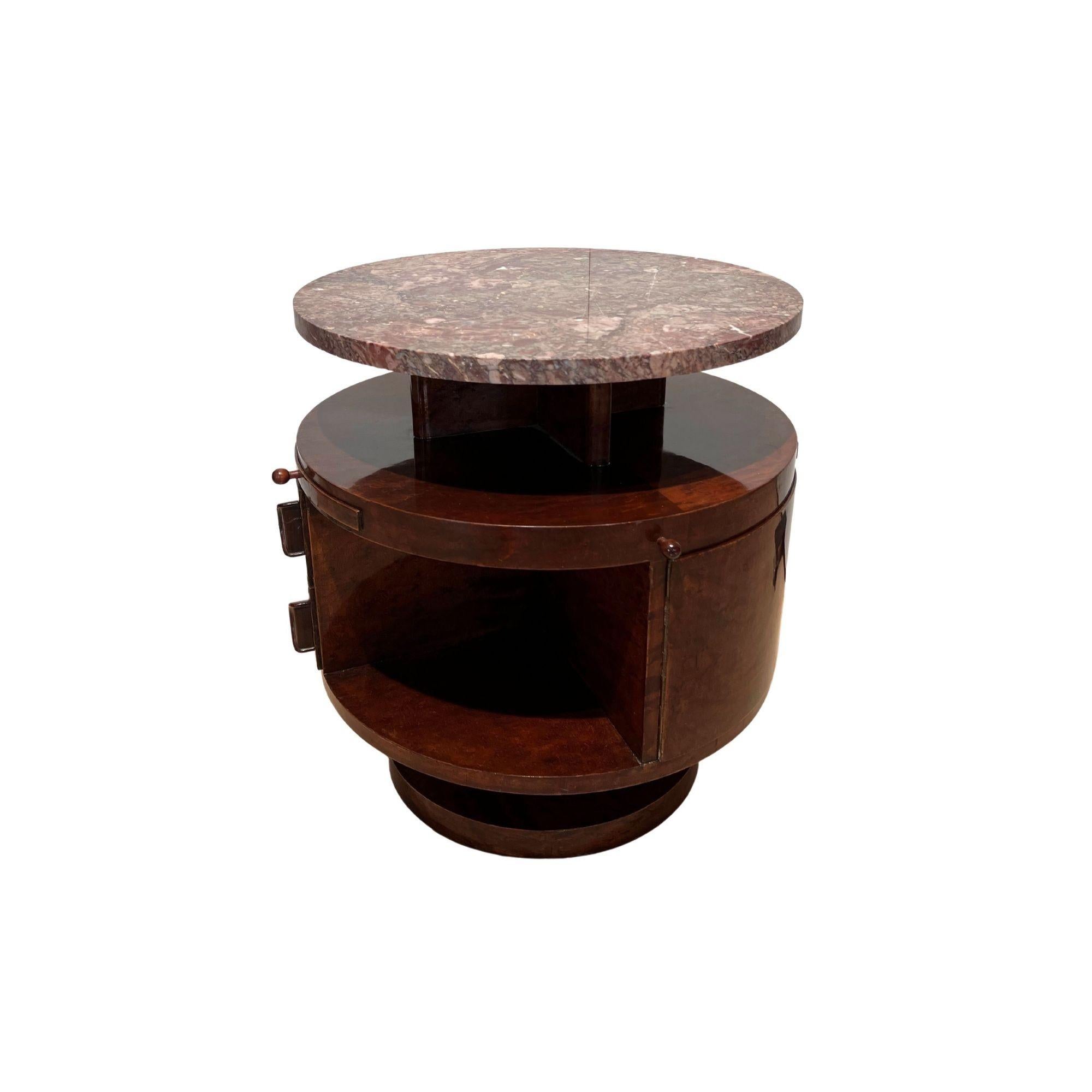 French Art Deco Revolving Drum Table, Birds Eye Maple, Marble, France, circa 1930 For Sale