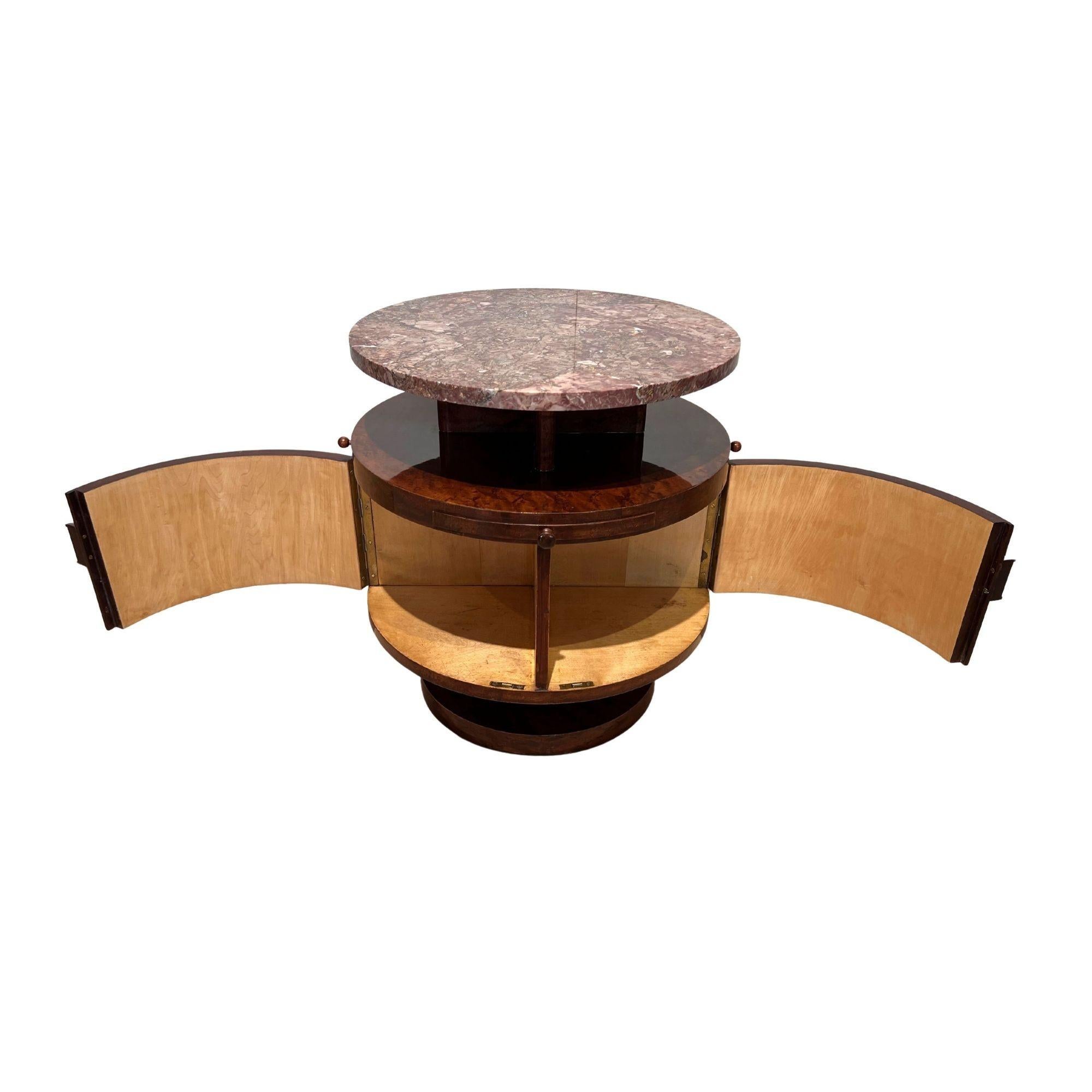 French Art Deco Revolving Drum Table, Birds Eye Maple, Marble, France, circa 1930 For Sale