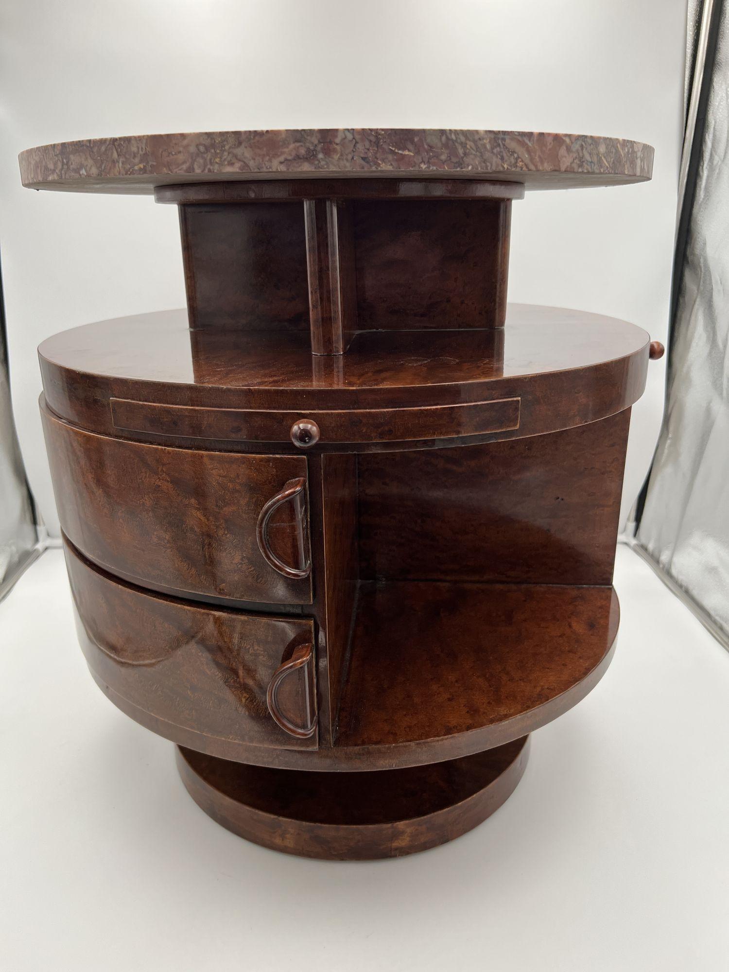 Polished Art Deco Revolving Drum Table, Birds Eye Maple, Marble, France, circa 1930 For Sale