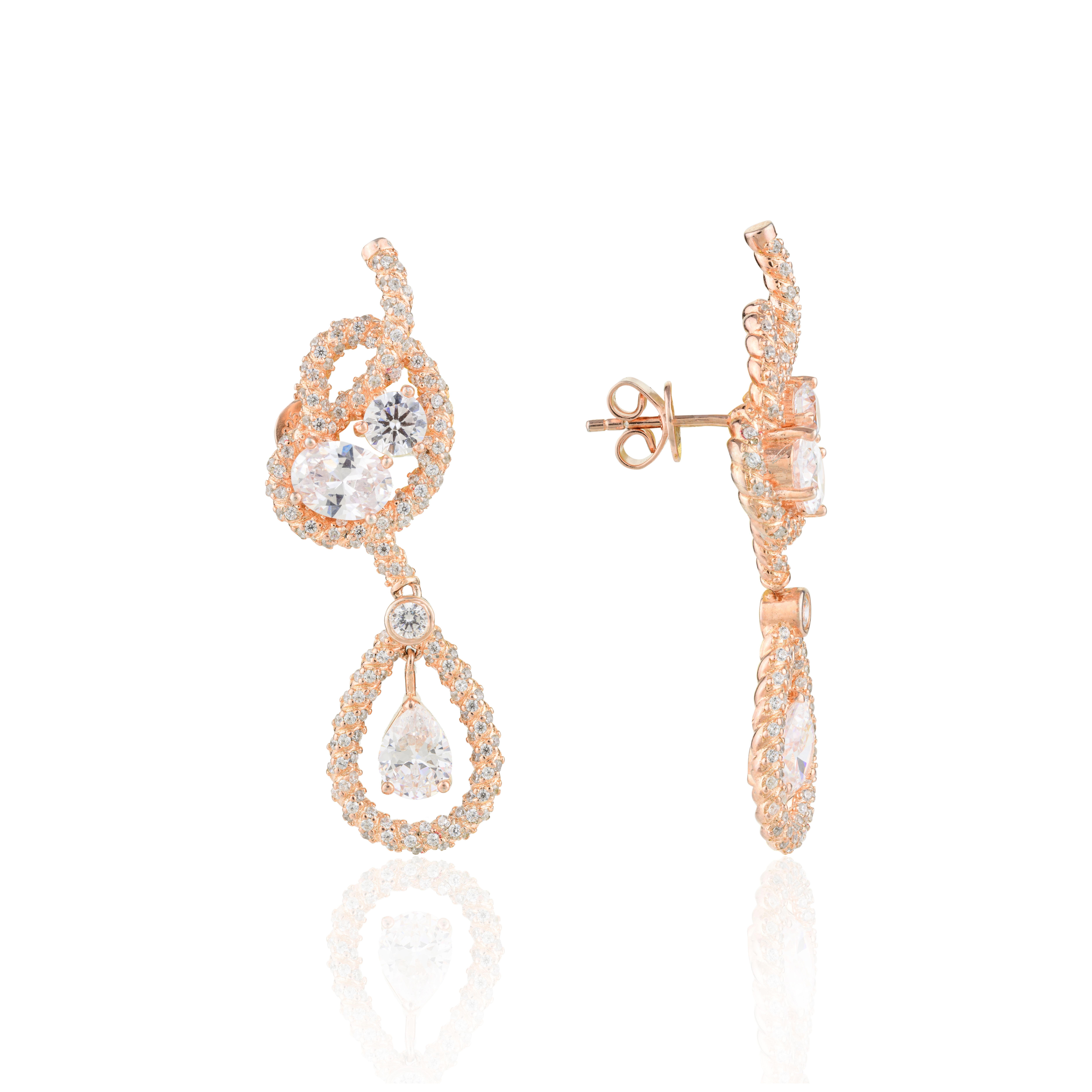 Modernist Art Deco Style Rhainstone Dangle Wedding Earrings in Rose Gold Plated  Silver For Sale