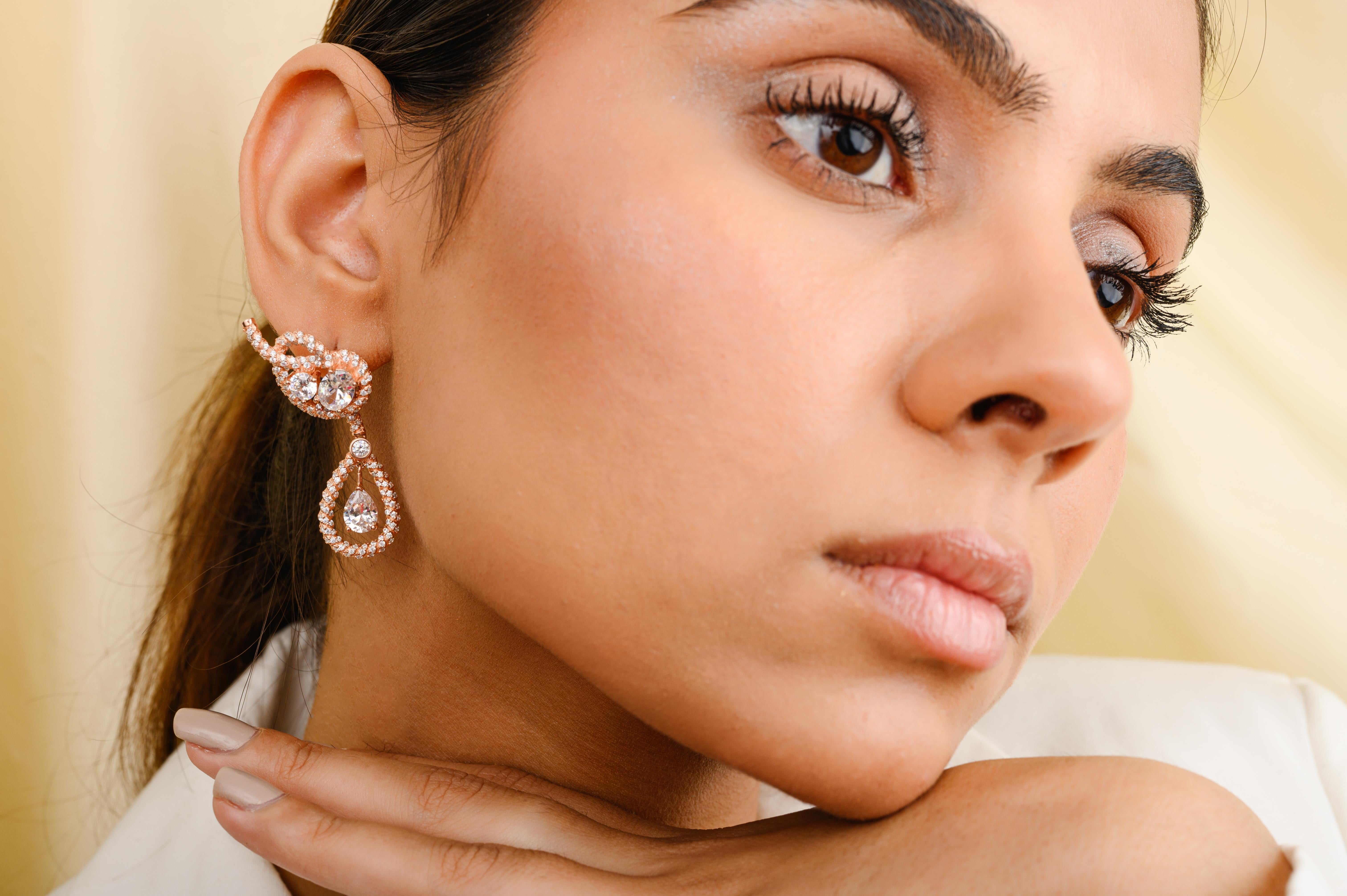Women's Art Deco Style Rhainstone Dangle Wedding Earrings in Rose Gold Plated  Silver For Sale