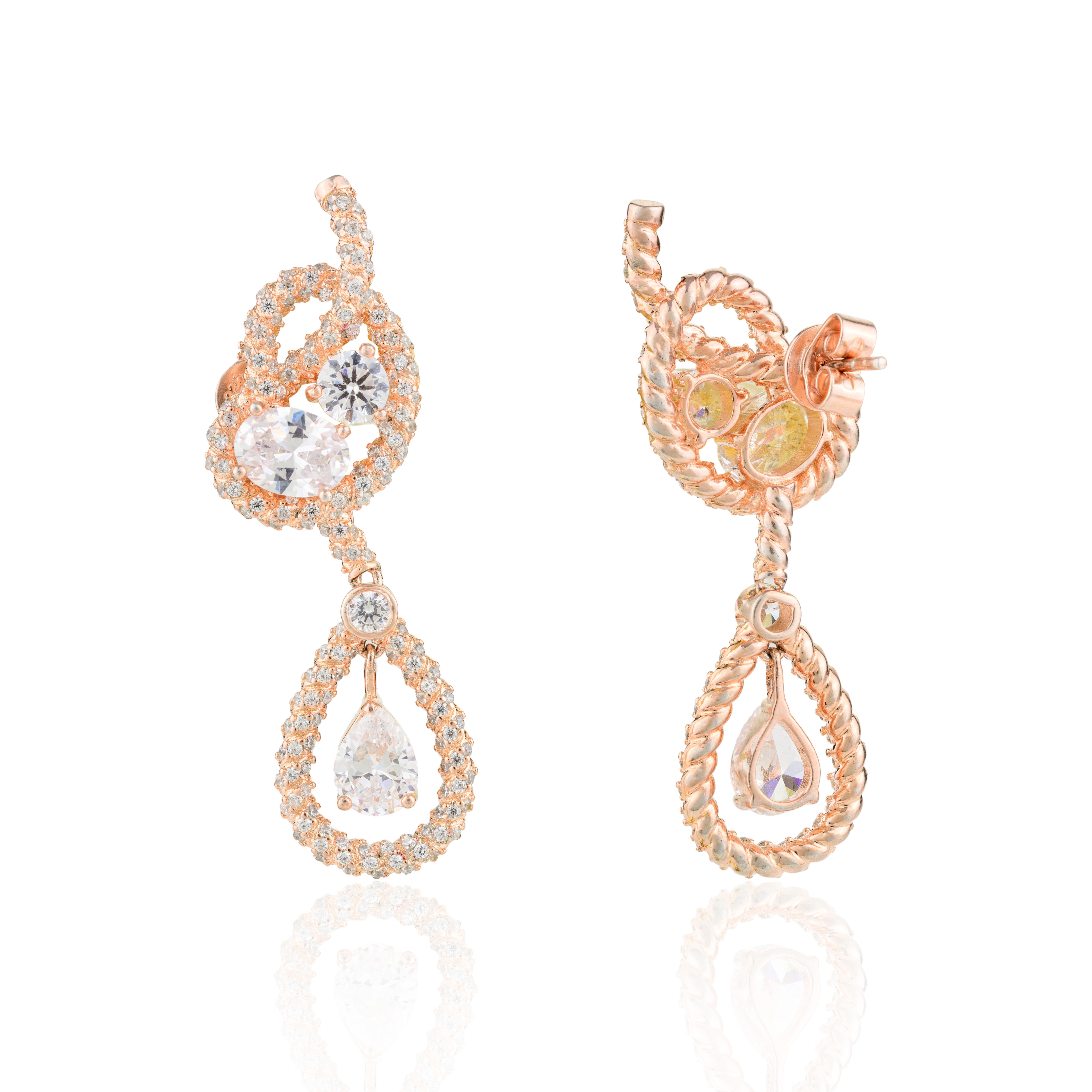 Art Deco Style Rhainstone Dangle Wedding Earrings in Rose Gold Plated  Silver For Sale 1