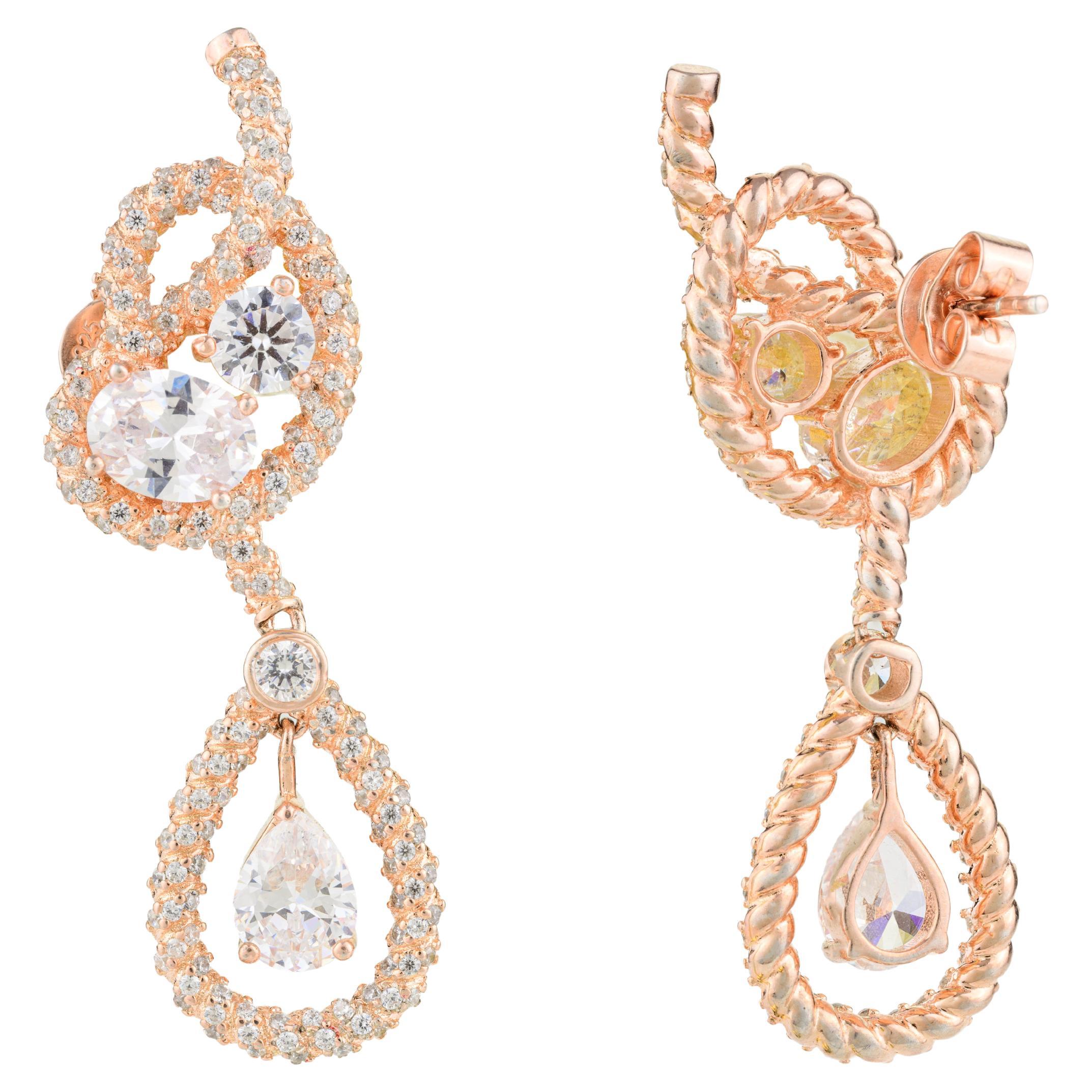 Art Deco Style Rhainstone Dangle Wedding Earrings in Rose Gold Plated  Silver For Sale