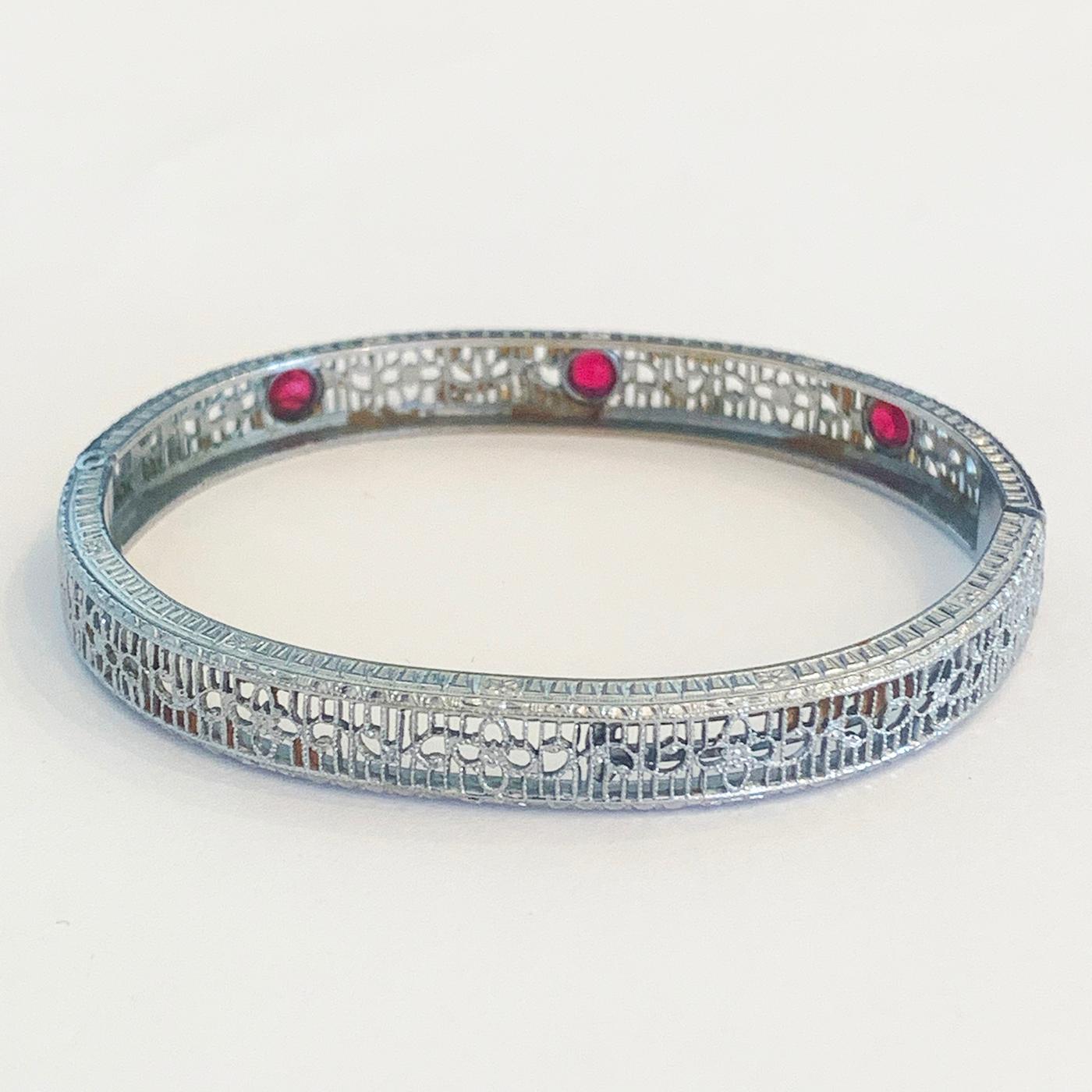 Women's Art Deco Rhodium plated bracelet bangle with ruby paste stones