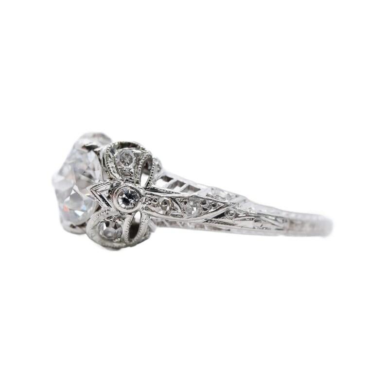 Old European Cut Art Deco Ribbon Motif 1.24ctw Diamond Engagement Ring in Platinum Circa 1920's For Sale