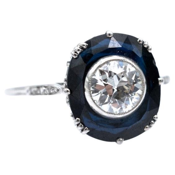 Art Deco ring 0.85ct diamond and synthetic sapphire, France, 1930s.
