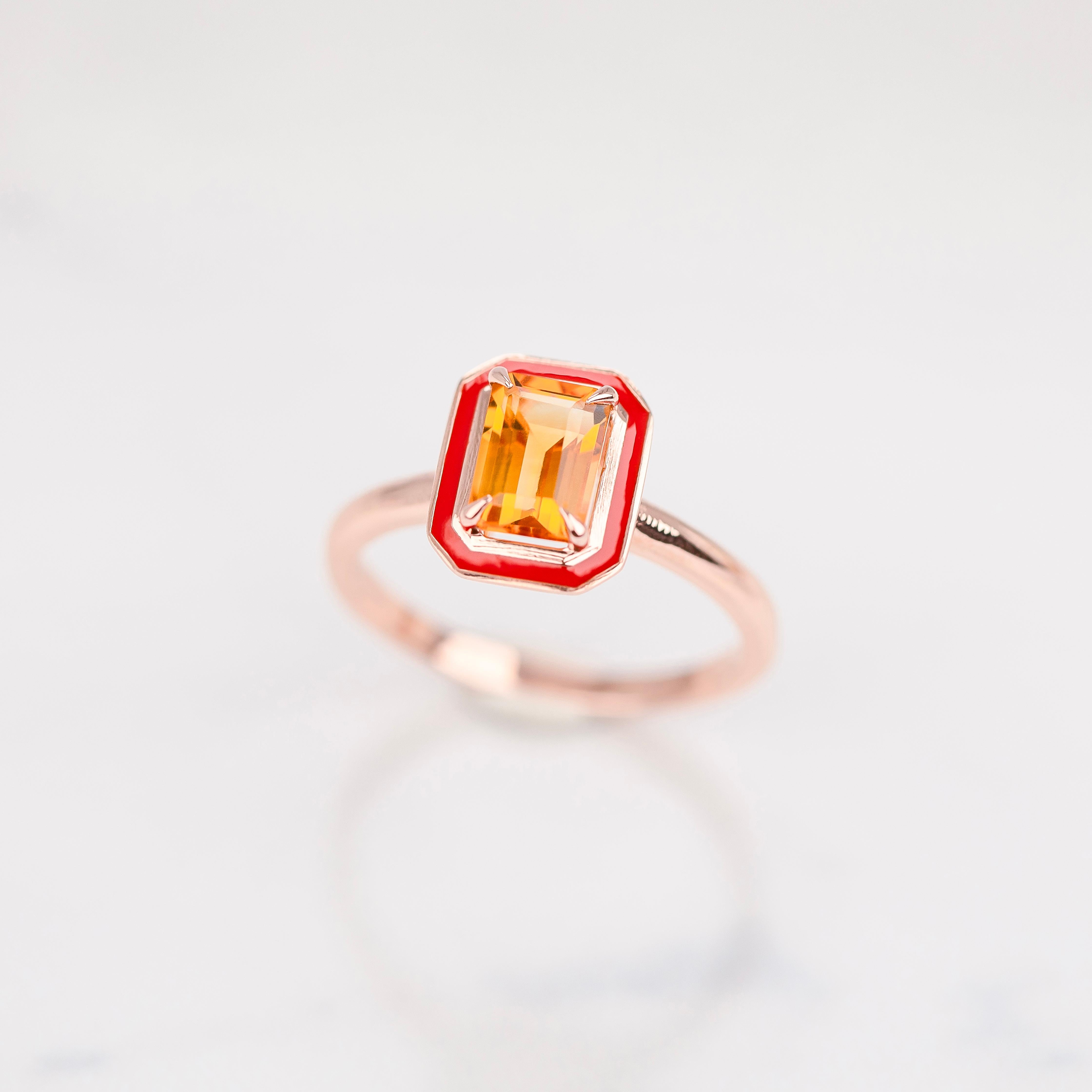 Art Deco Style, 0.90-1.00 Ct Citrine Stone and Colorful Enamel, 14K Gold Ring For Sale 1