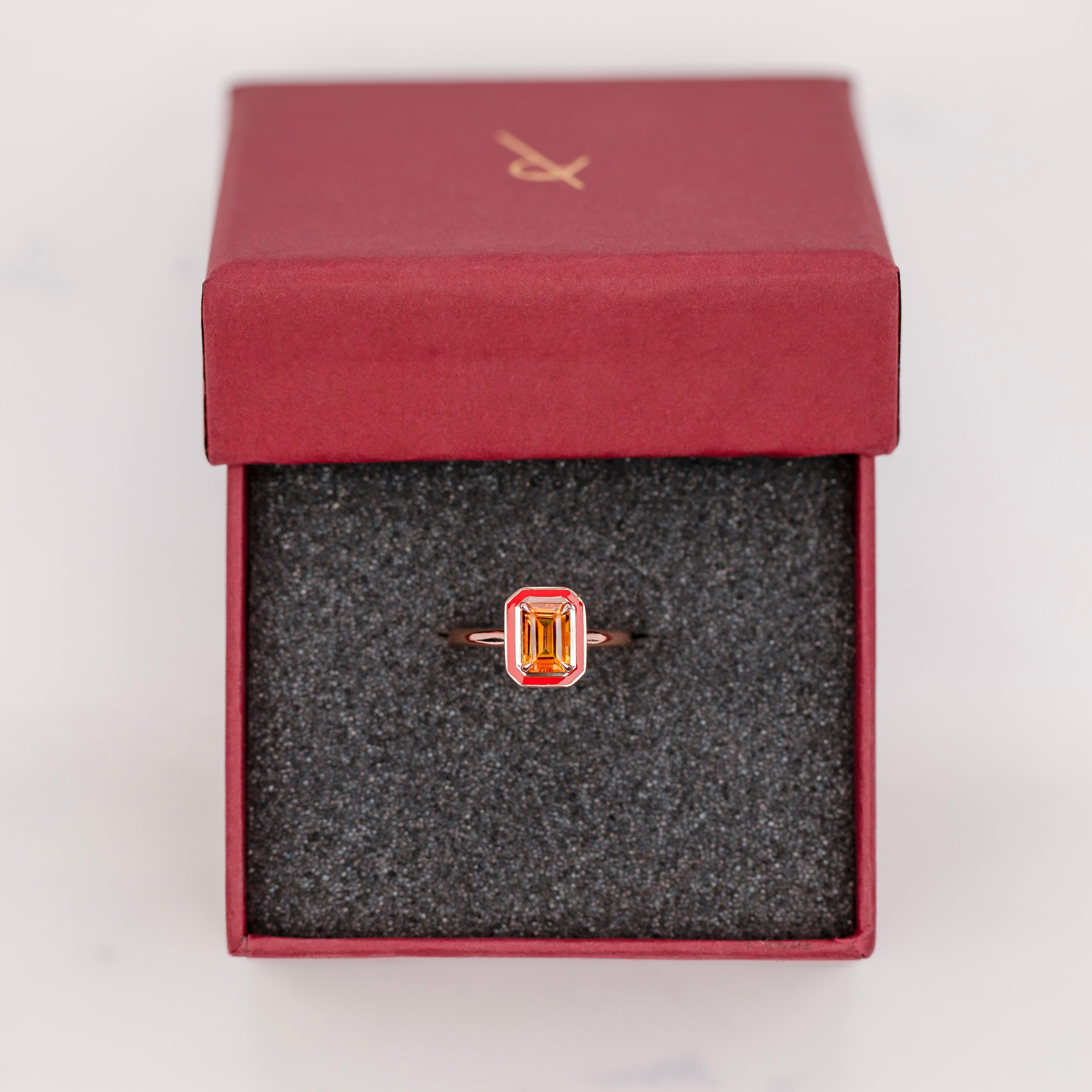 Art Deco Style, 0.90-1.00 Ct Citrine Stone and Colorful Enamel, 14K Gold Ring For Sale 4