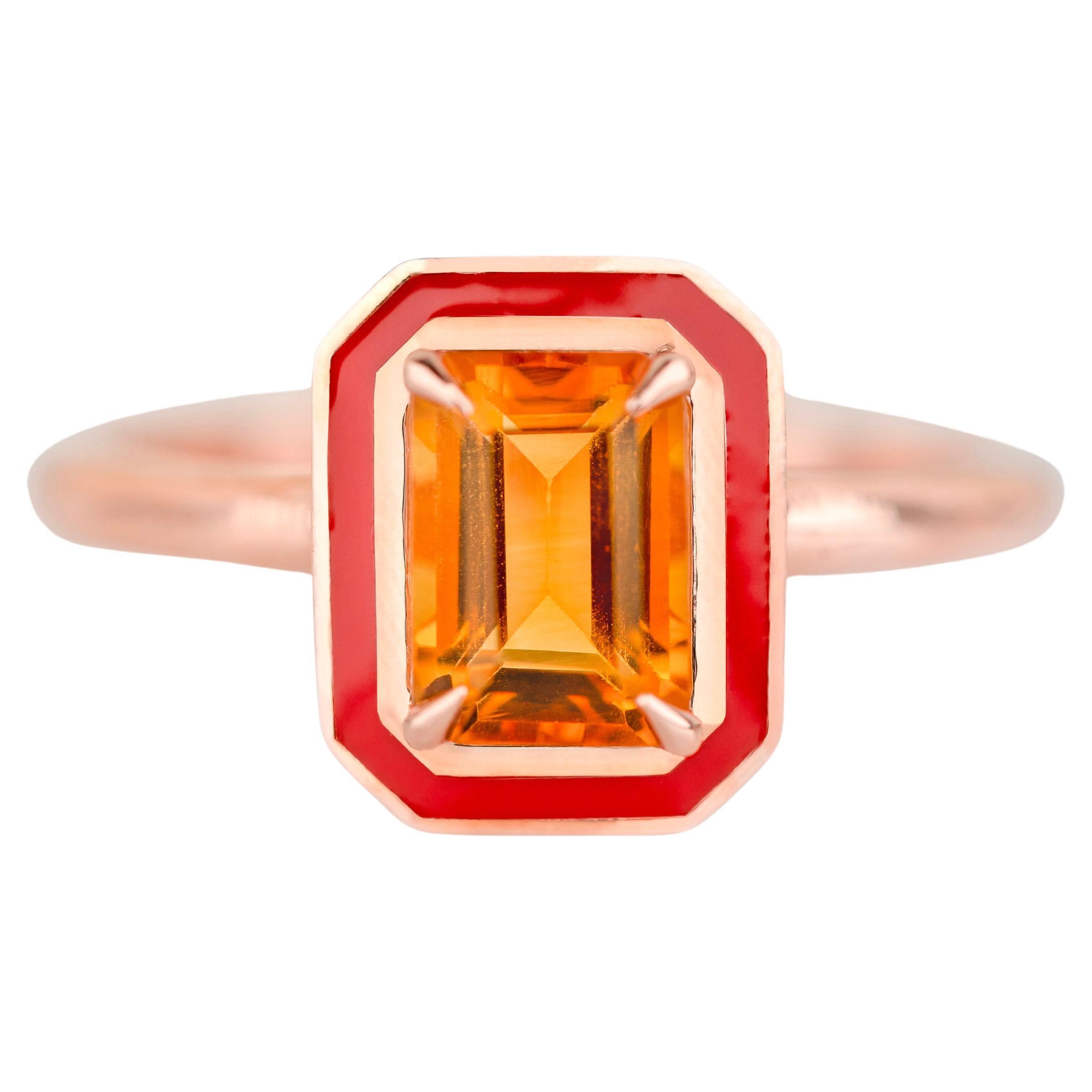 Art Deco Style, 0.90-1.00 Ct Citrine Stone and Colorful Enamel, 14K Gold Ring