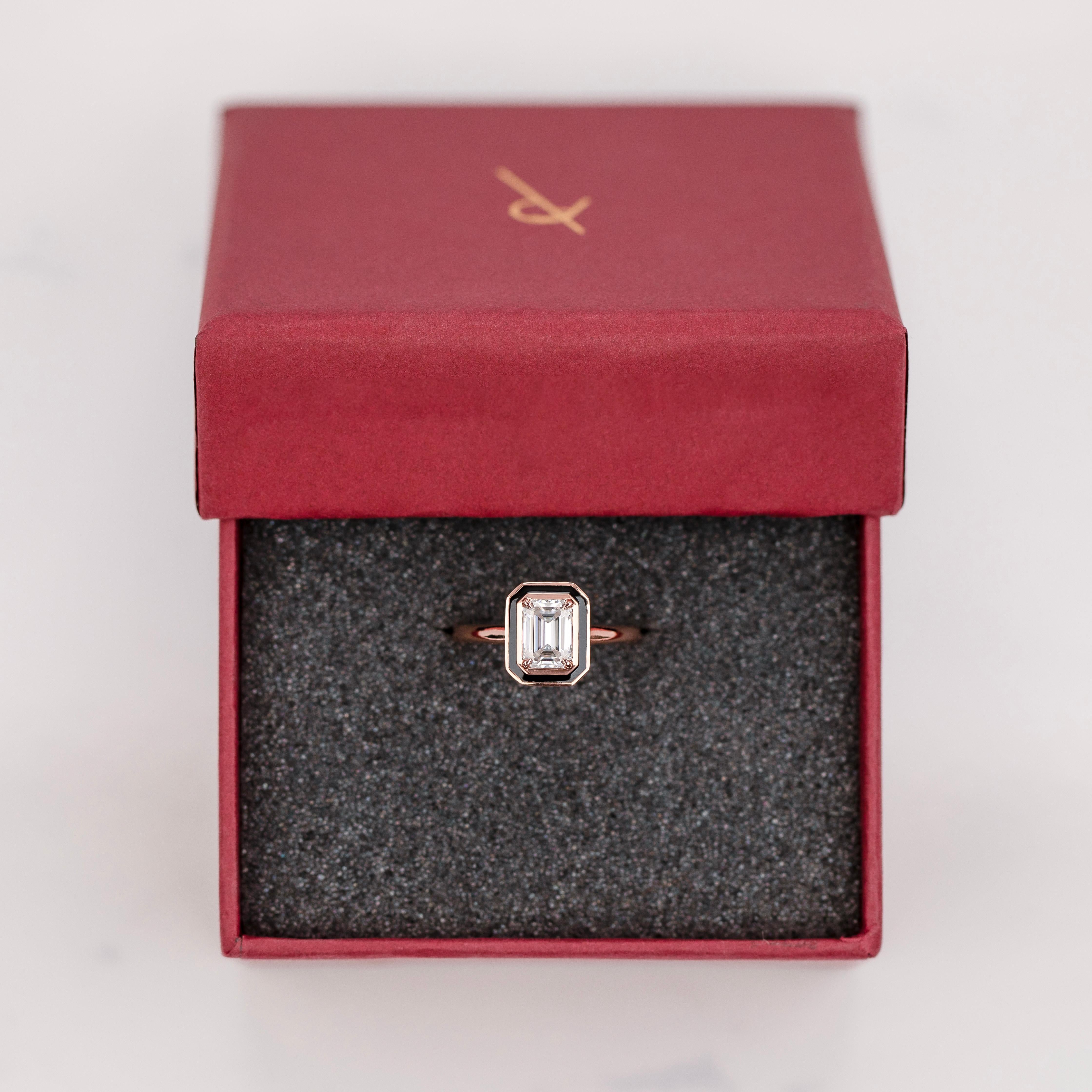 Art Deco Style, 0.90-1.00 Ct Moissanite Colorful Enamel, 14K Gold Ring For Sale 5