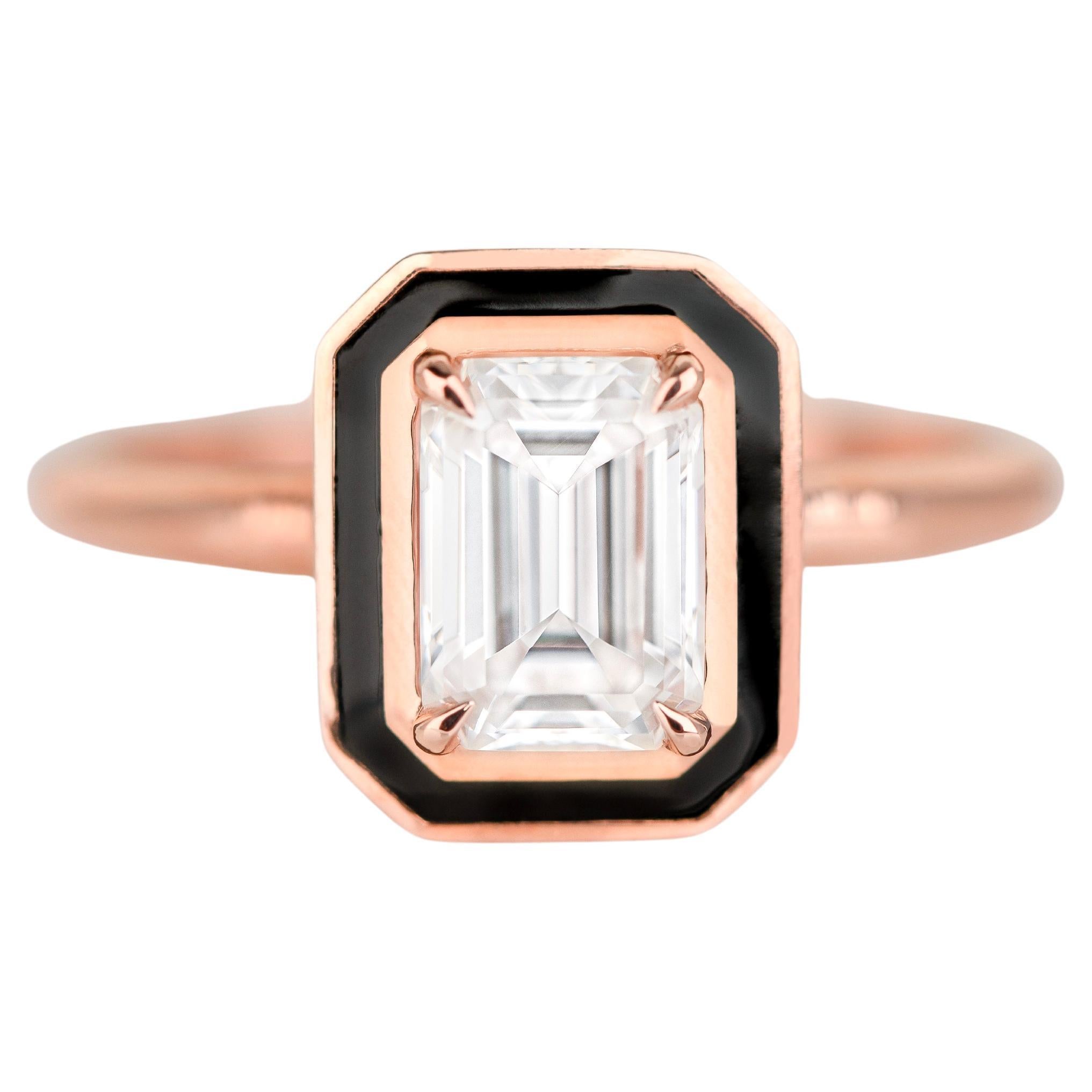 Art Deco Style, 0.90-1.00 Ct Moissanite Colorful Enamel, 14K Gold Ring For Sale