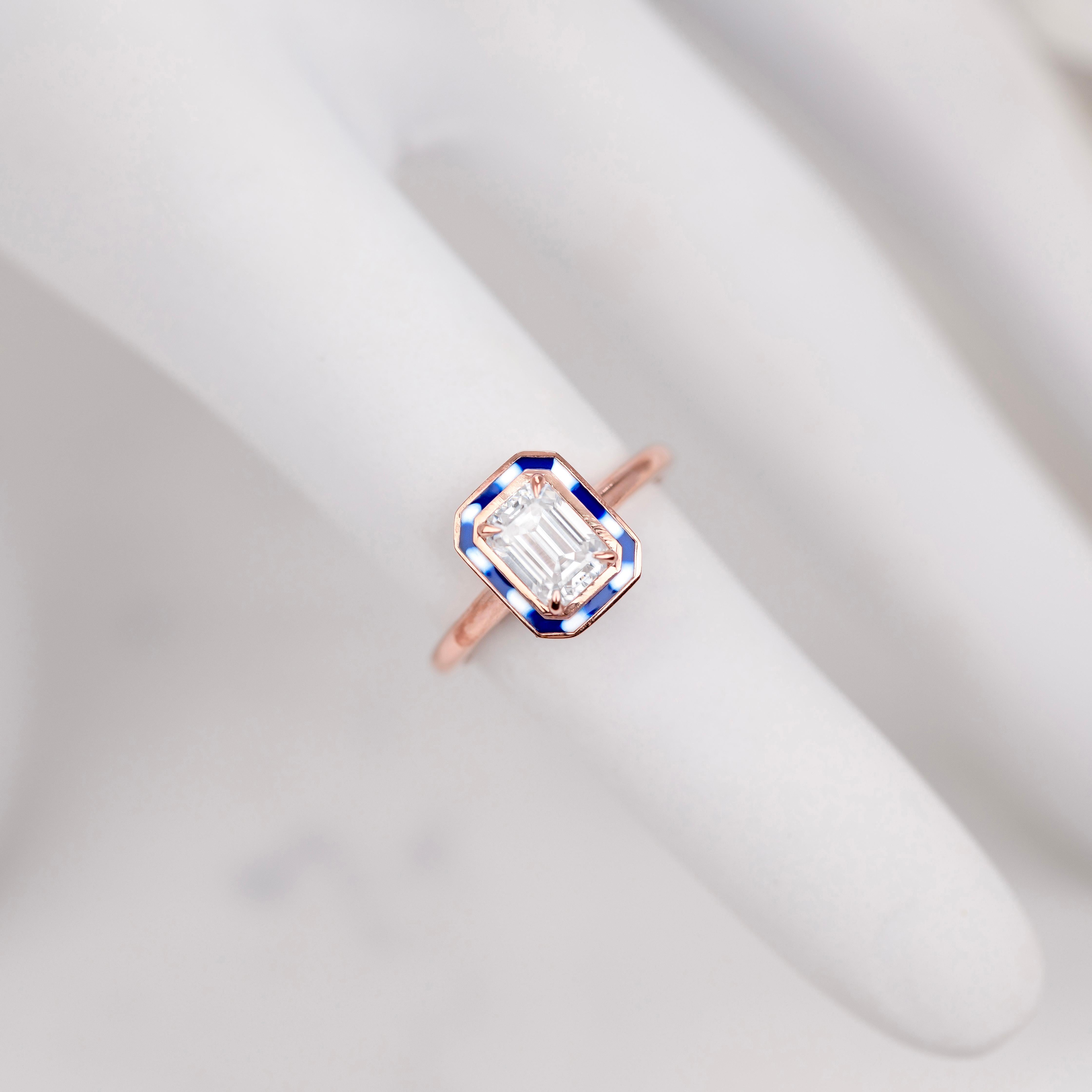 Art Deco Style, 0.90-1.00 Ct Moissanite Double Color Enamel,  14K Gold Ring In New Condition For Sale In ISTANBUL, TR