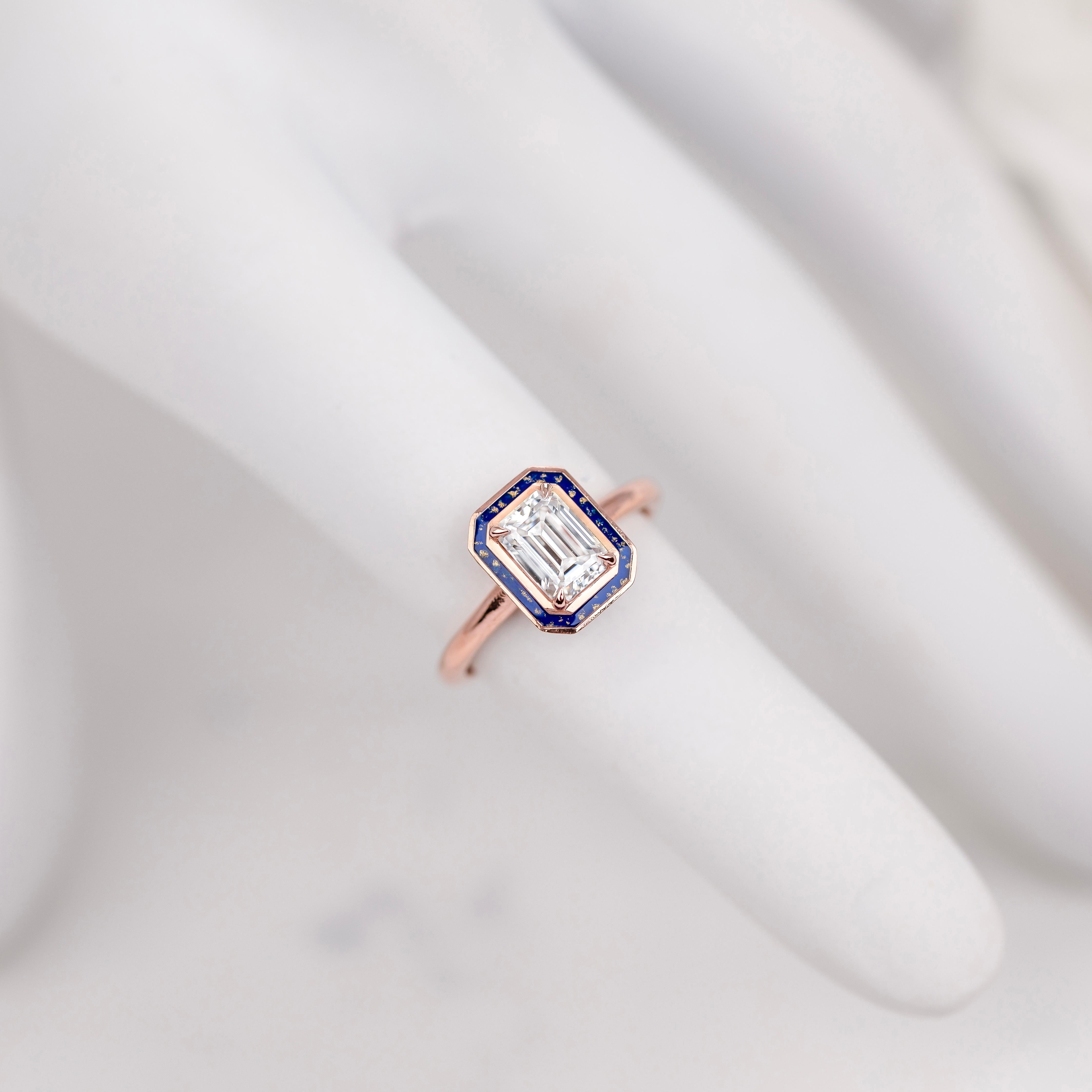 Art Deco Style, 0.90-1.00 Ct Moissanite Stone and Colorful Enamel, 14K Gold Ring In New Condition For Sale In ISTANBUL, TR
