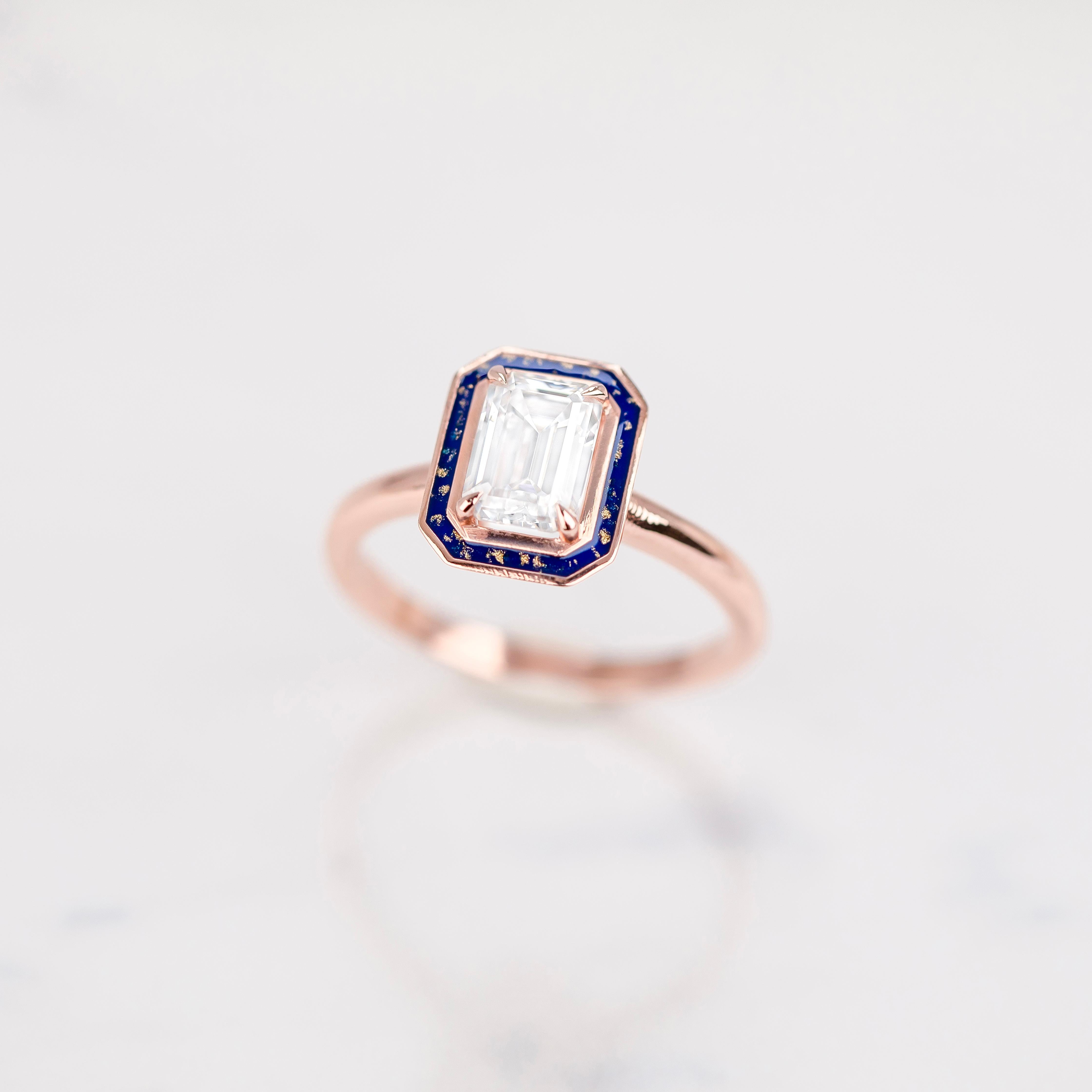 Art Deco Style, 0.90-1.00 Ct Moissanite Stone and Colorful Enamel, 14K Gold Ring For Sale 2