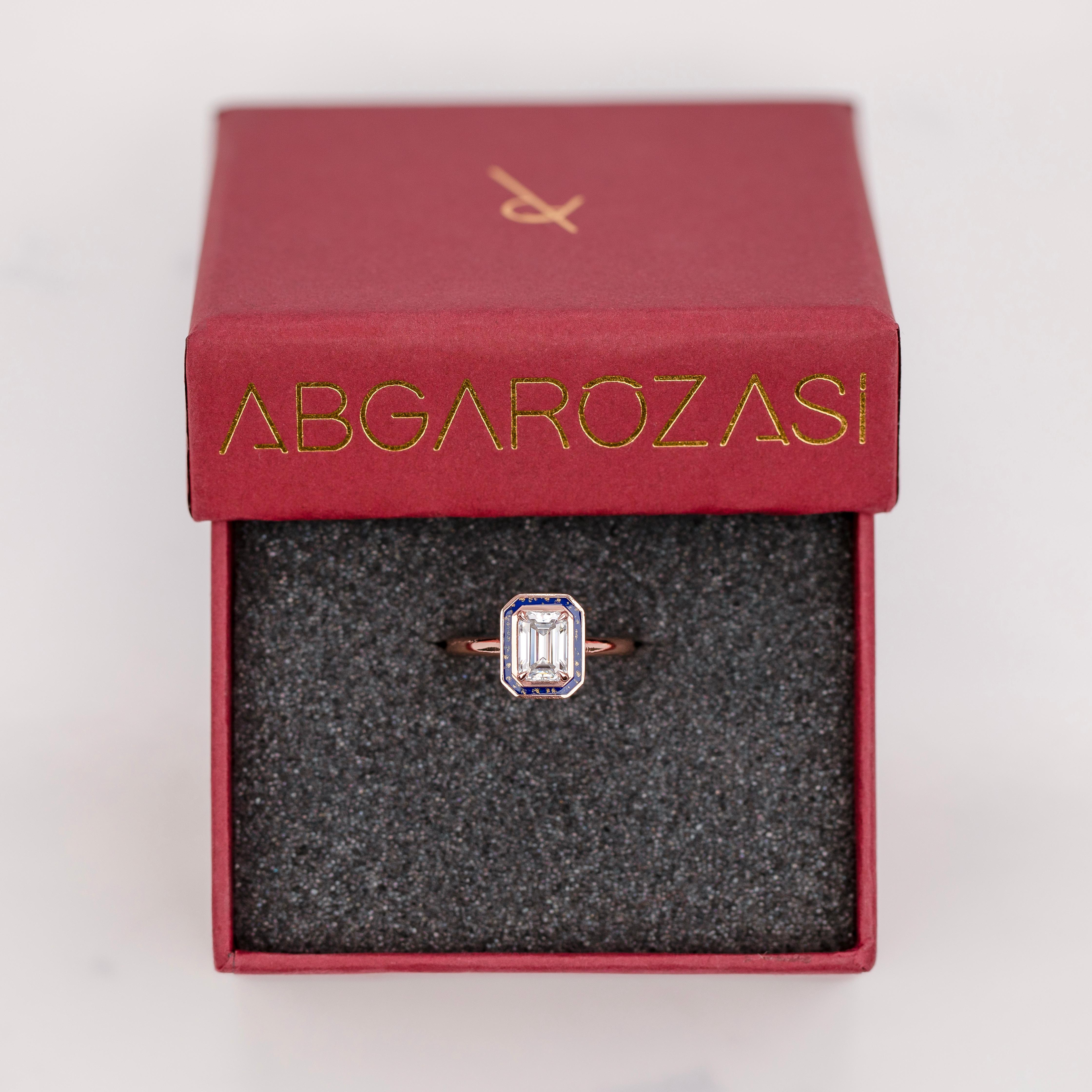 Art Deco Style, 0.90-1.00 Ct Moissanite Stone and Colorful Enamel, 14K Gold Ring For Sale 4