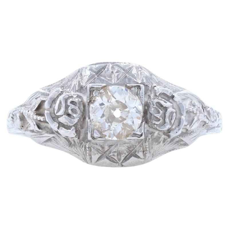 Art Deco Ring, 18 Karat White Gold Vintage European Cut Diamond .25 Carat