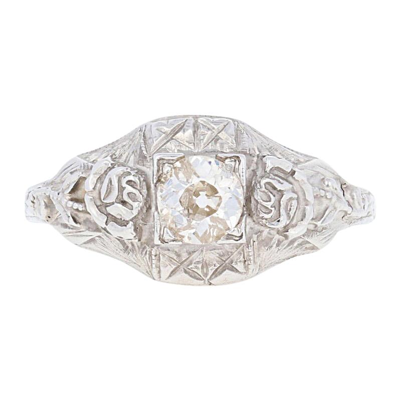 Art Deco Ring, 18 Karat White Gold Vintage European Cut Diamond .25 Carat
