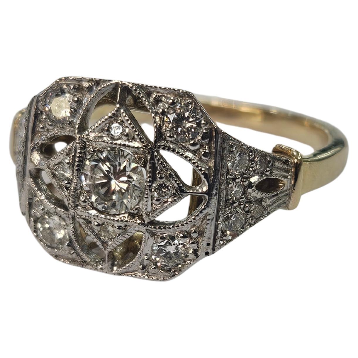 da uomo o donna Anello Art Deco 1930 Brilliante taglio semplice con diamante in oro giallo 18kt e platino in vendita