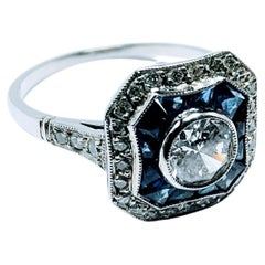 Vintage Art Deco Ring 1930s Center Diamond 0.46 Ct Sapphire Platinum