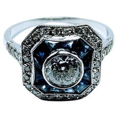 Vintage Art Deco Ring 1930s Center Diamond 0.46 Ct Sapphire Platinum 