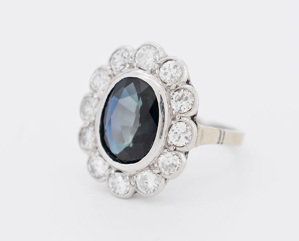 Oval Cut Art Deco Ring, 2.40 Carat Natural Sapphire and Old Cut Diamonds Circa 1930
