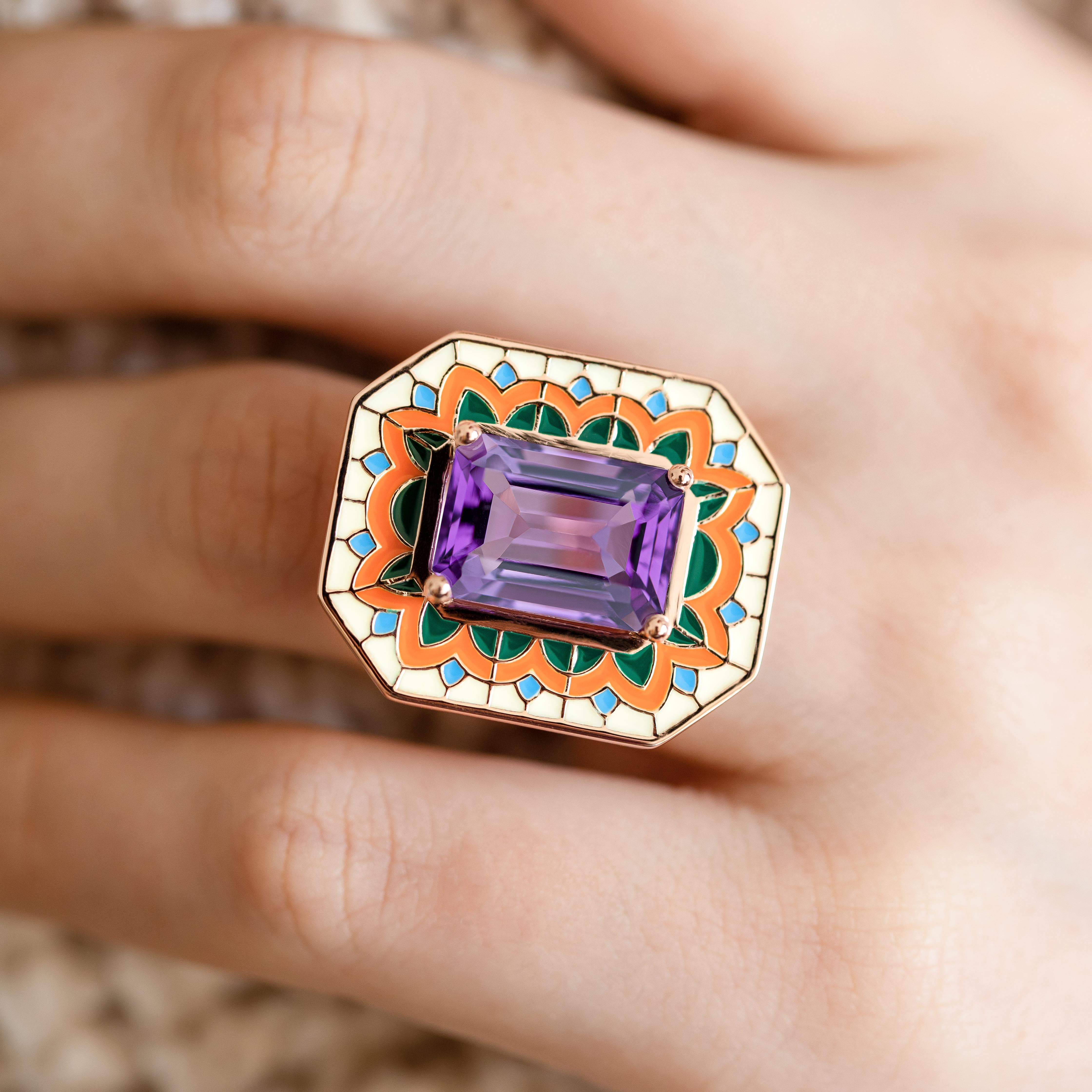Art Deco Style Ring, 6.00-7.00 Ct Amethyst Stone and Colorful Enamel Ring, 14K Gold Cocktail Ring or 925 Sterling Silver, Seljuk Collection Rings

This ring was made with quality materials and excellent handwork. I guarantee the quality assurance of