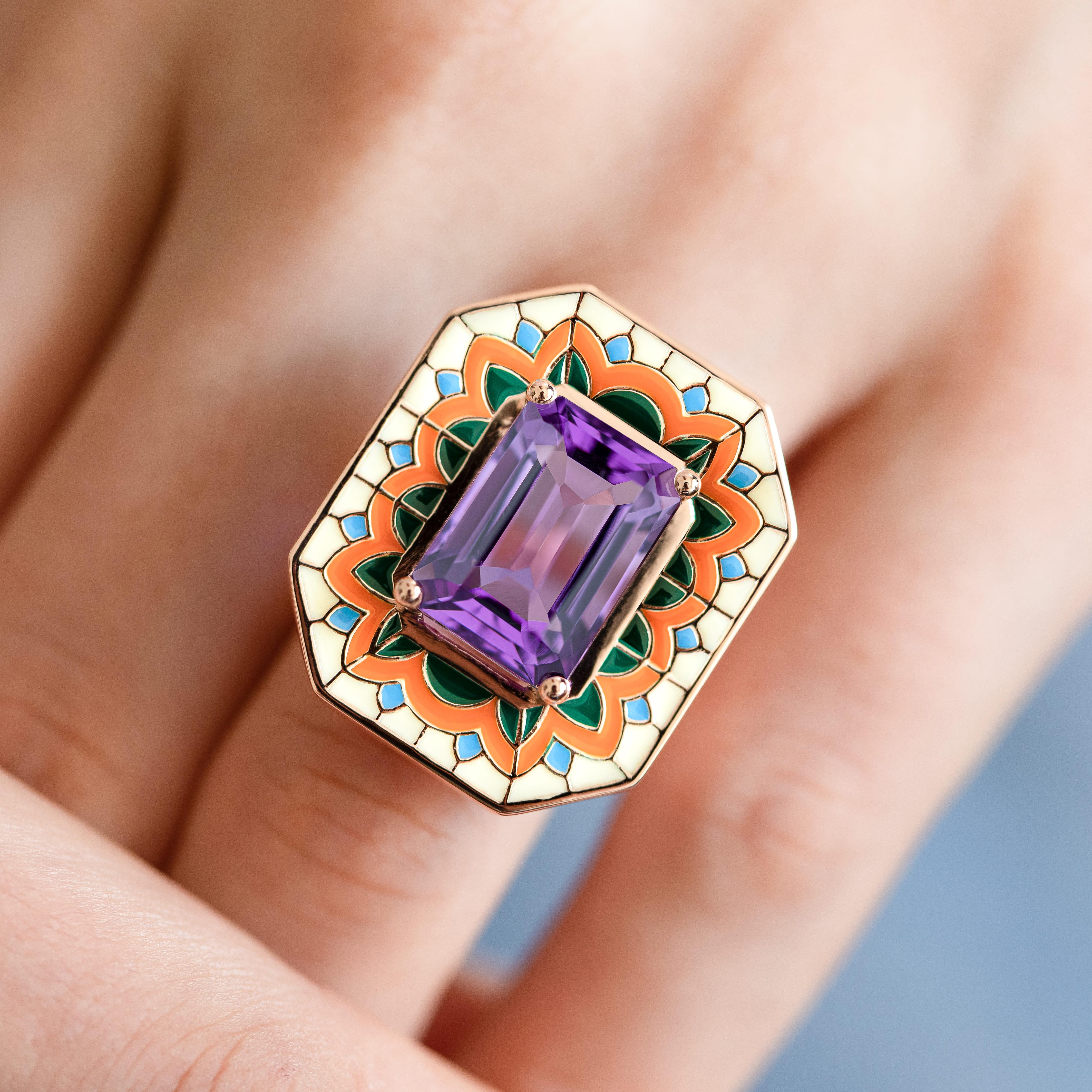 Art Deco Style Ring, 6.00-7.00 Ct Amethyst Stone and Colorful Enamel Ring In New Condition For Sale In ISTANBUL, TR
