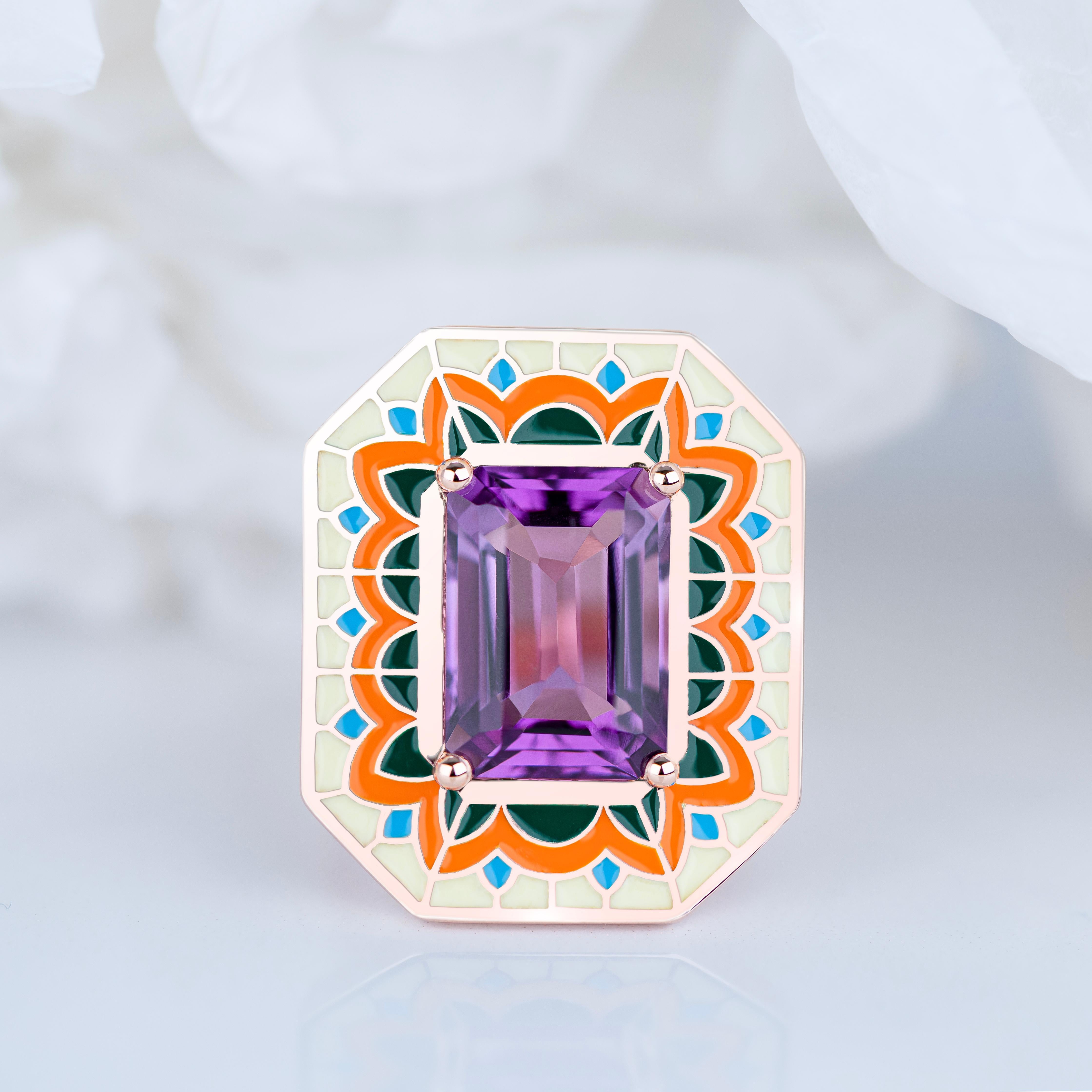 Women's or Men's Art Deco Style Ring, 6.00-7.00 Ct Amethyst Stone and Colorful Enamel Ring For Sale
